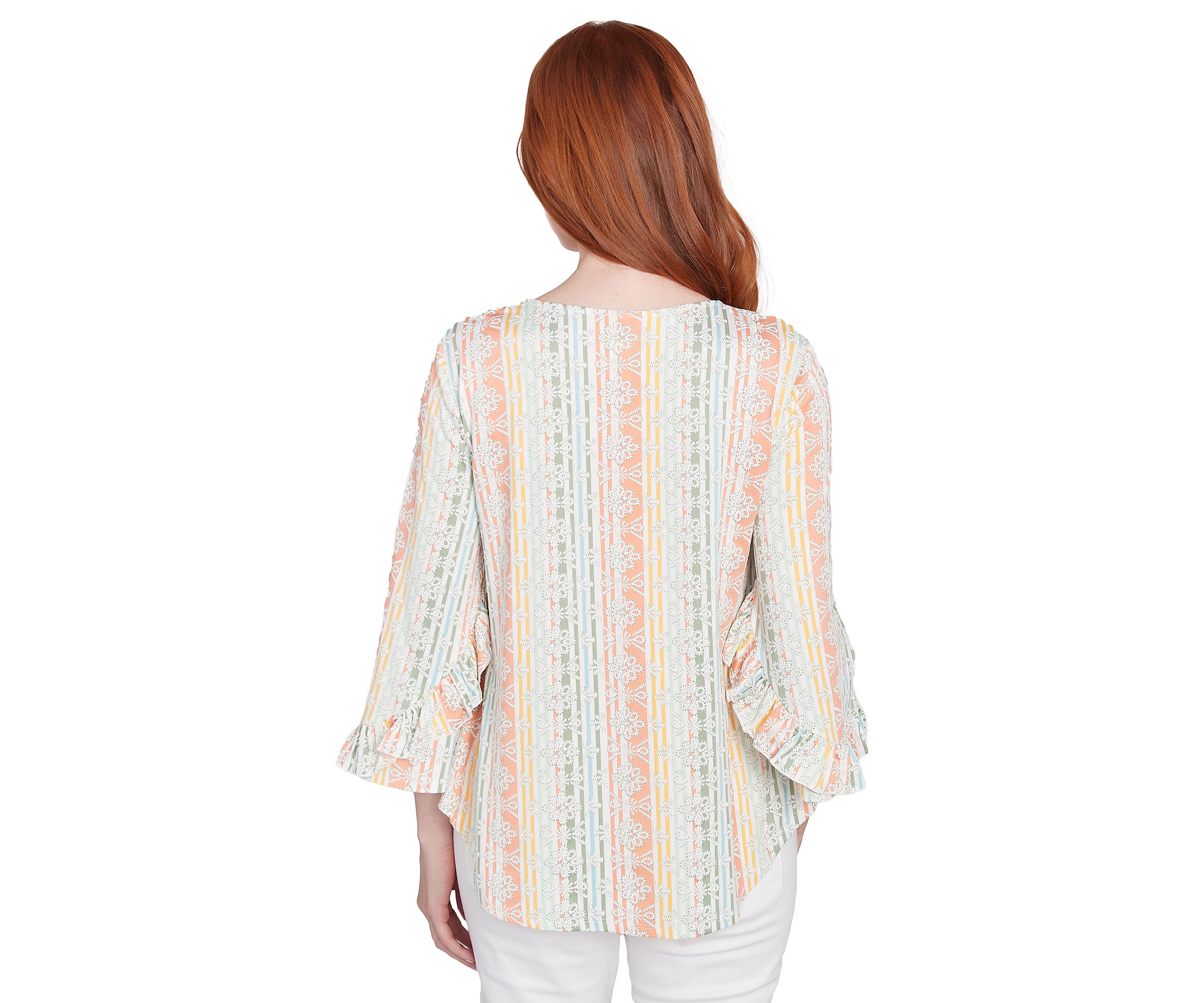 Womens Tropical Stripe Puff Print V-Neck Top