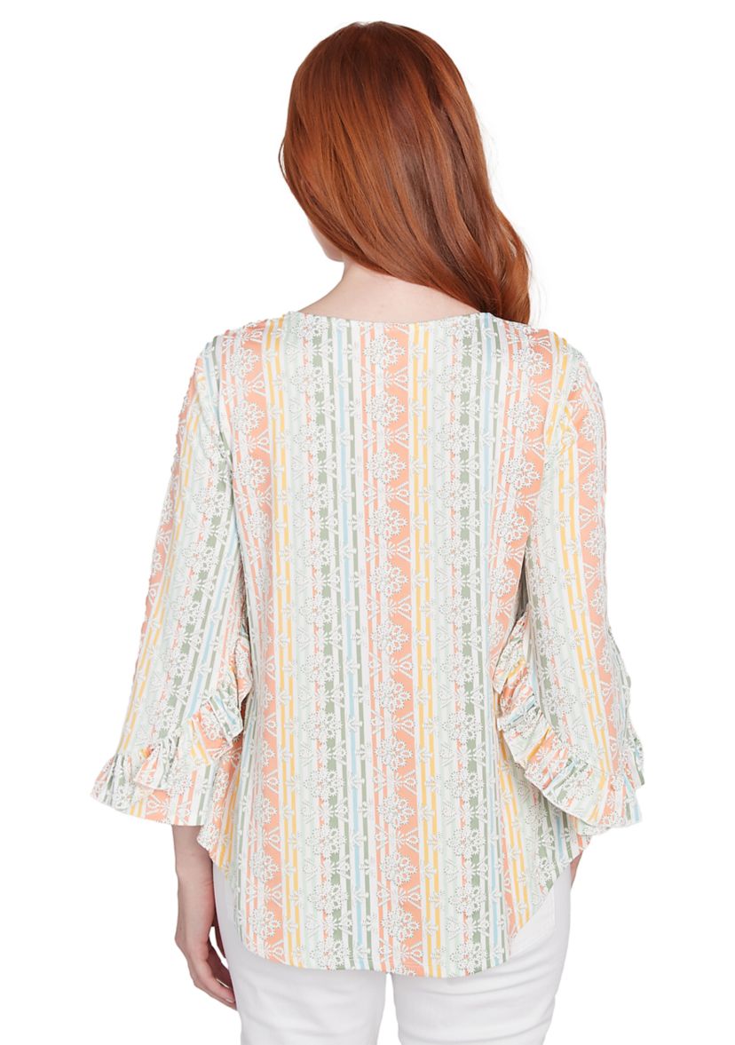 Womens Tropical Stripe Puff Print V-Neck Top