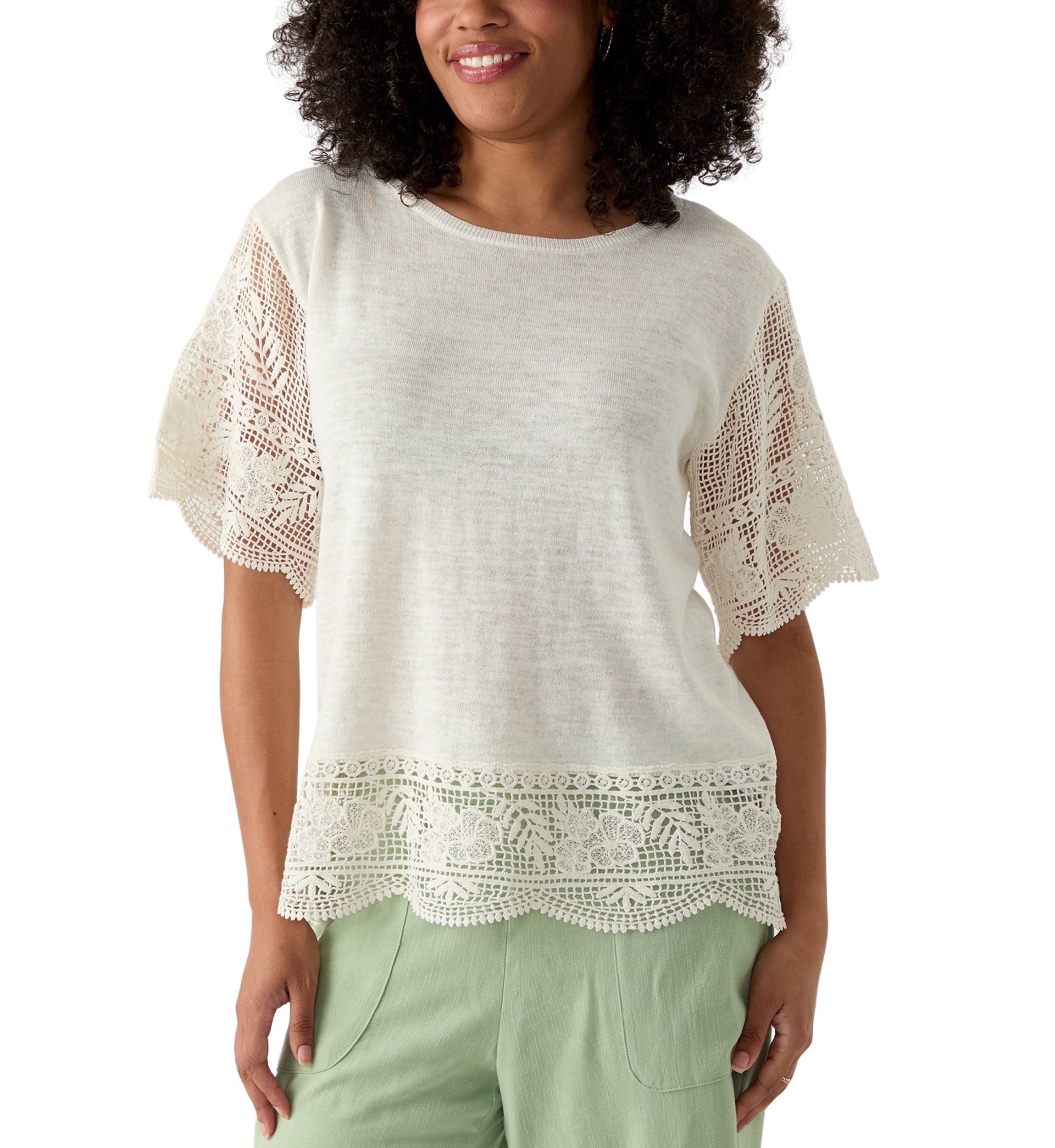 Womens Boat Neck Fine Gauge Top With Crochet Sleeves