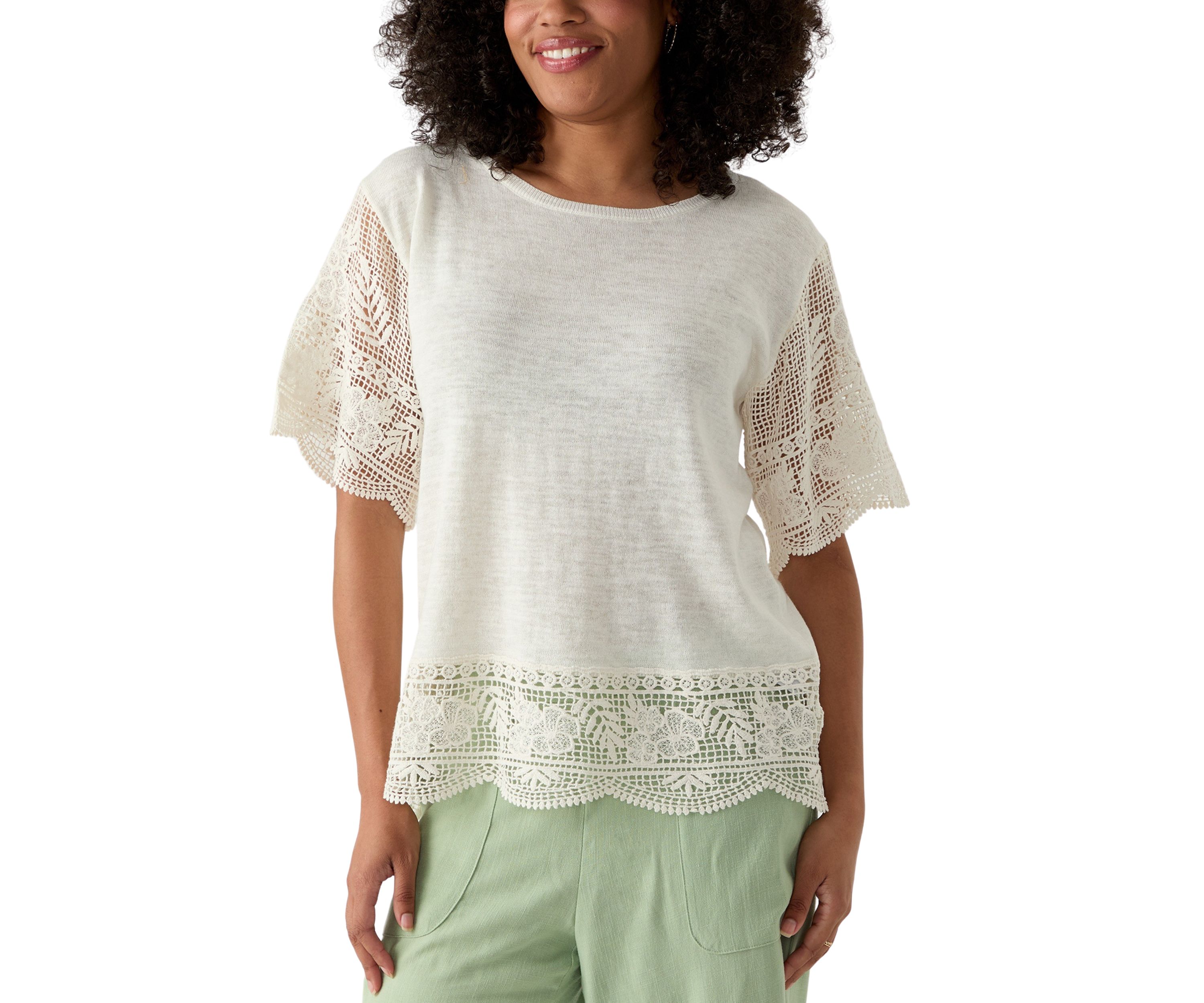 Womens Boat Neck Fine Gauge Top With Crochet Sleeves