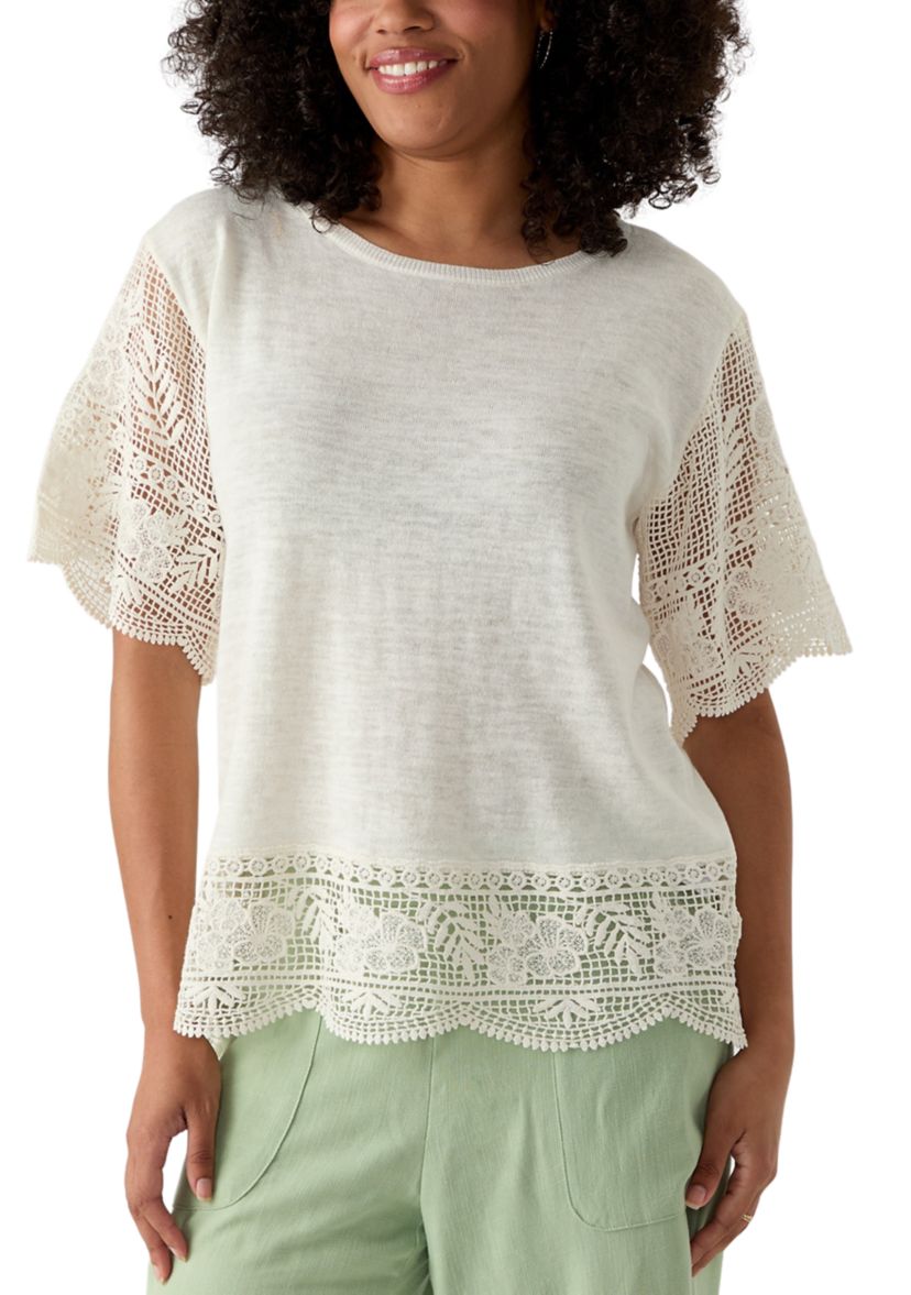 Womens Boat Neck Fine Gauge Top With Crochet Sleeves