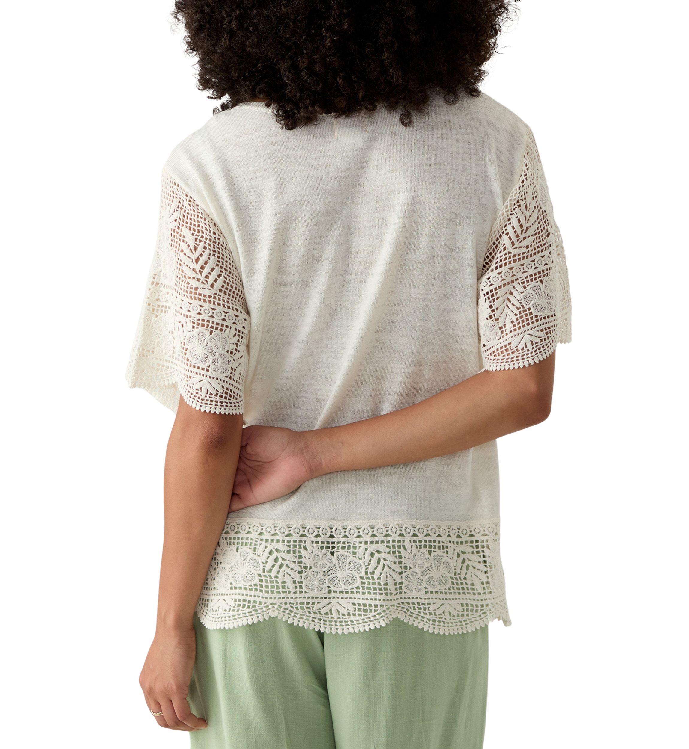 Womens Boat Neck Fine Gauge Top With Crochet Sleeves