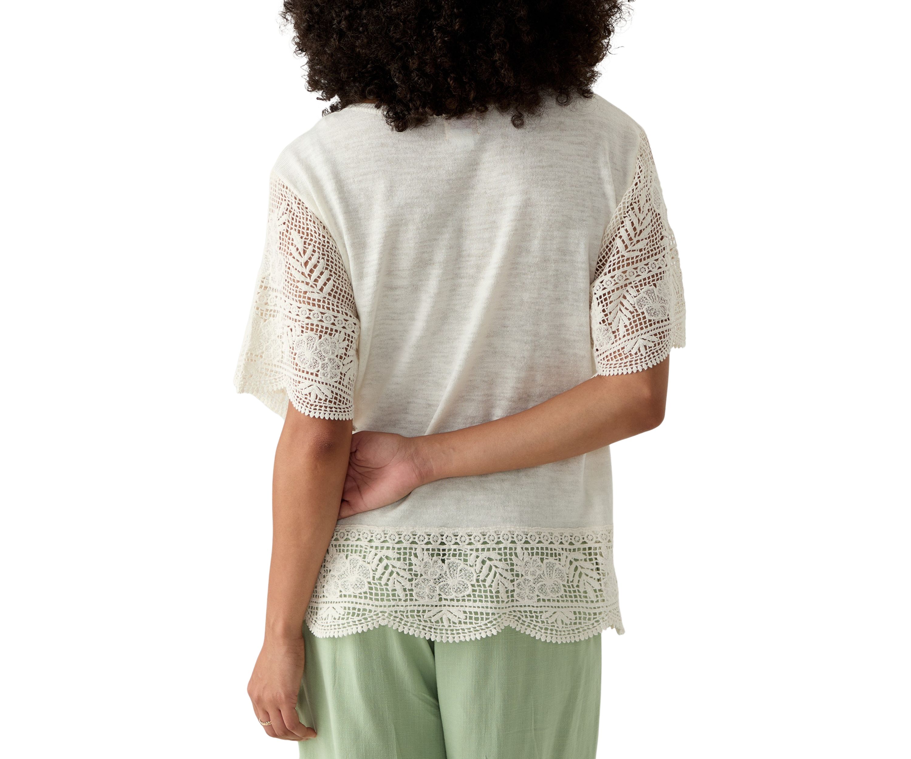 Womens Boat Neck Fine Gauge Top With Crochet Sleeves