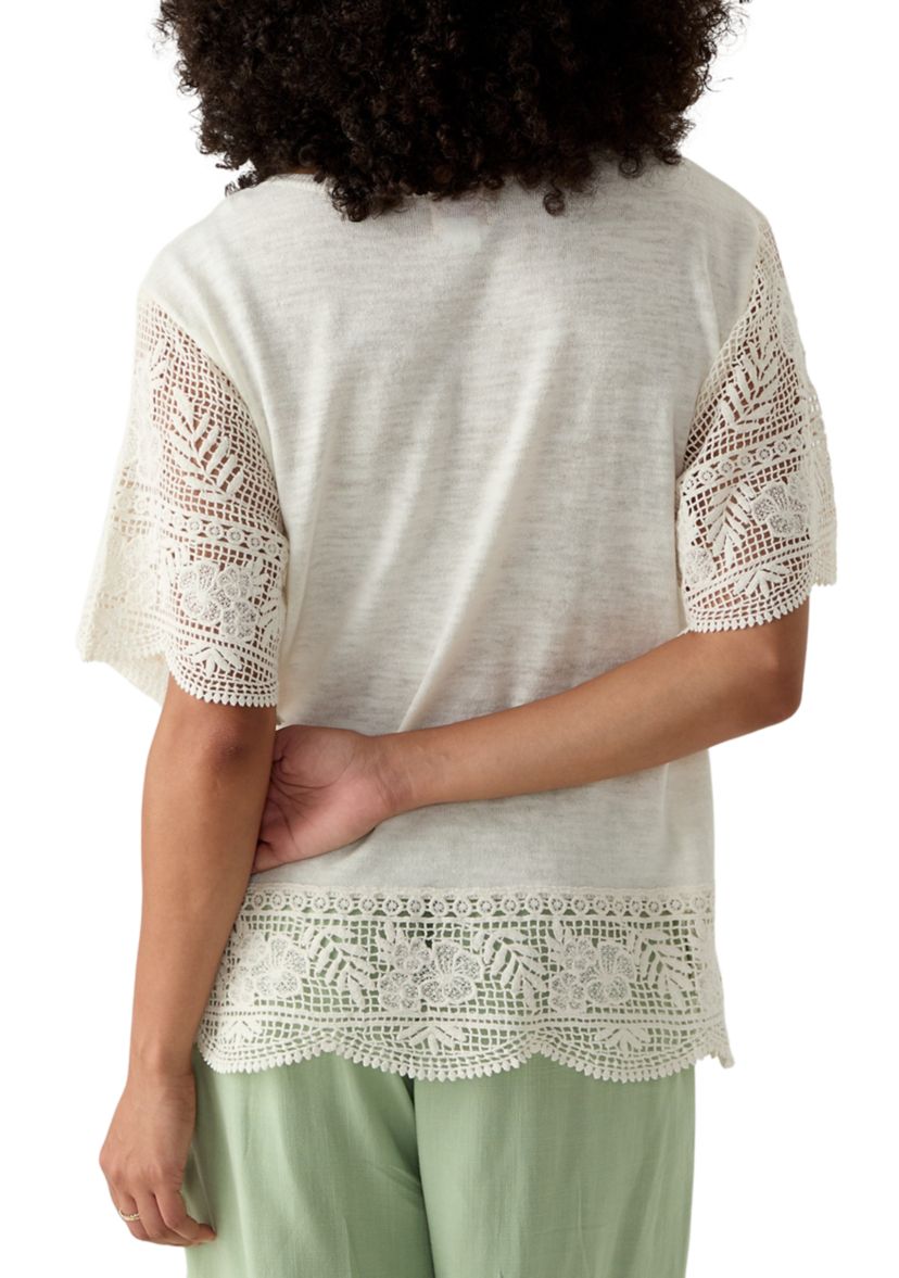 Womens Boat Neck Fine Gauge Top With Crochet Sleeves