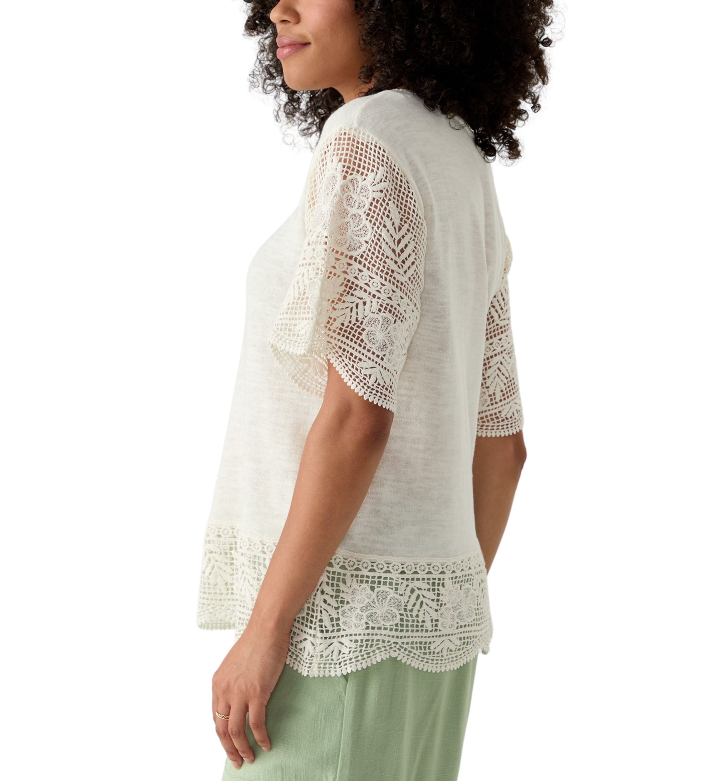 Womens Boat Neck Fine Gauge Top With Crochet Sleeves