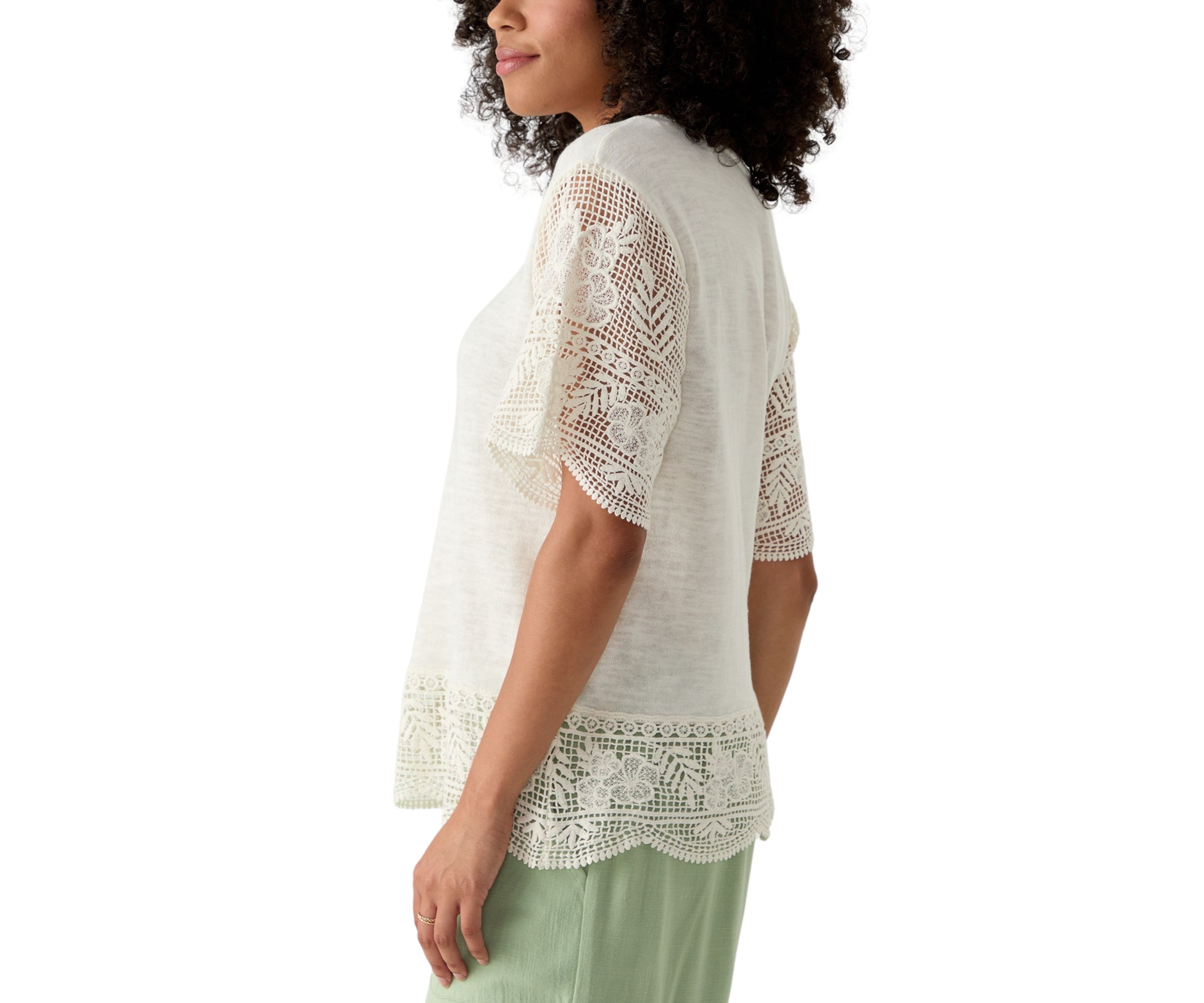 Womens Boat Neck Fine Gauge Top With Crochet Sleeves