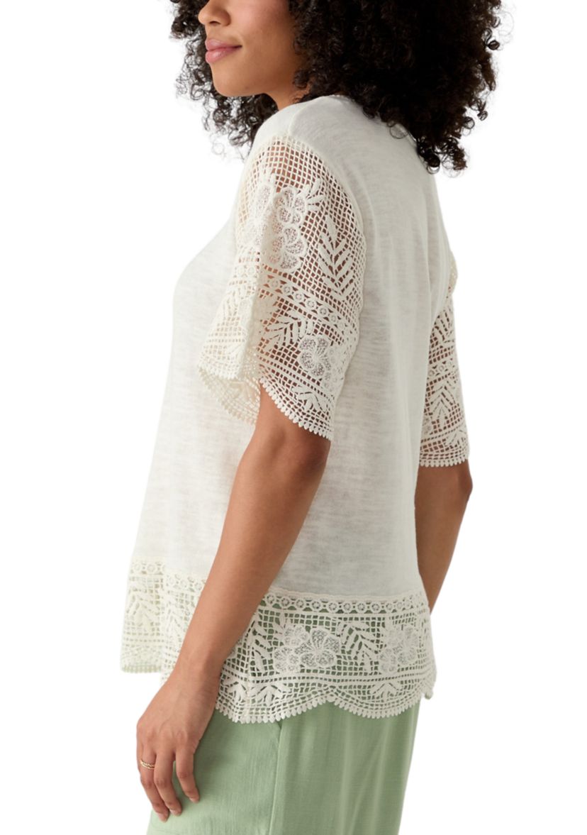 Womens Boat Neck Fine Gauge Top With Crochet Sleeves