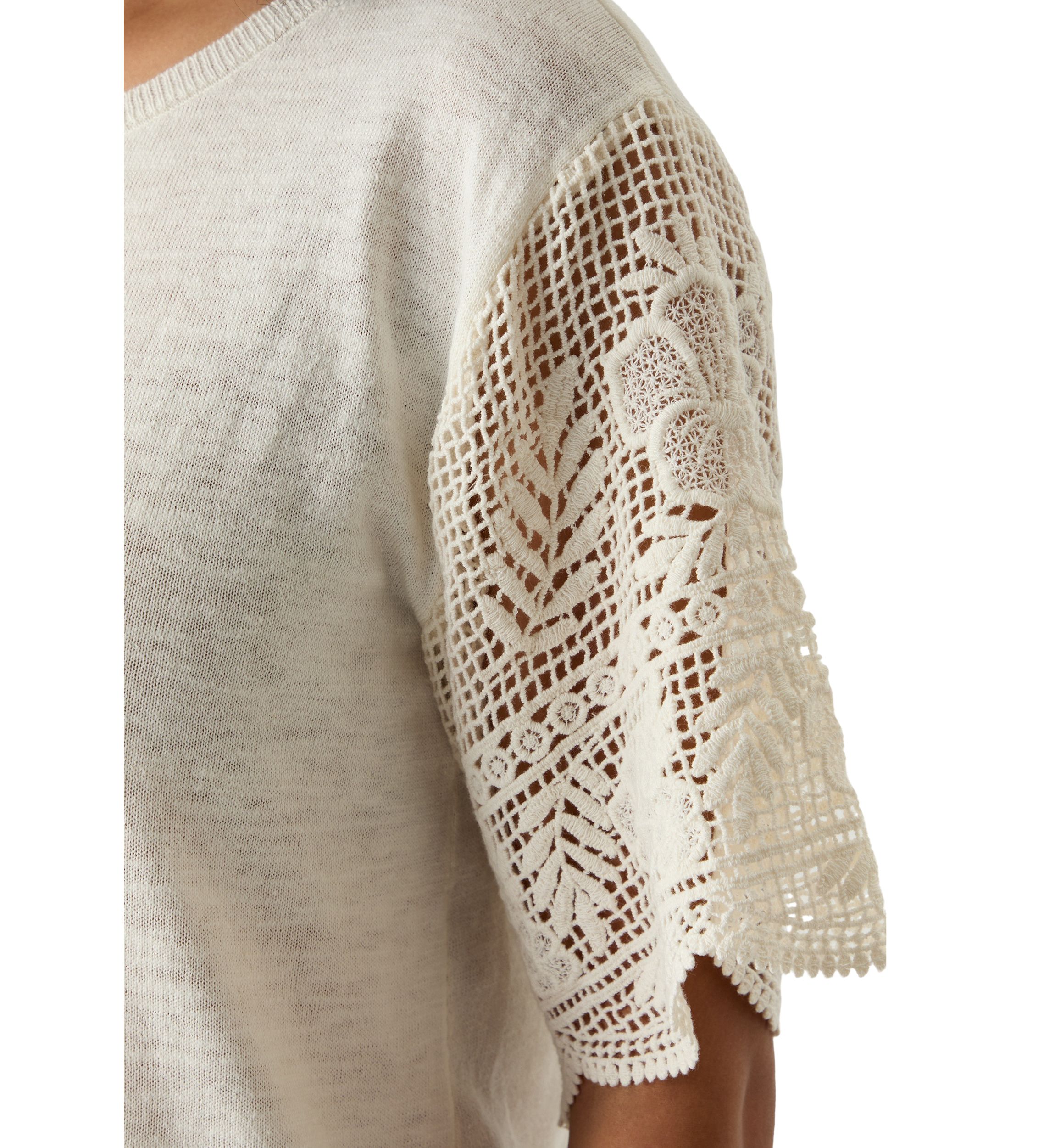 Womens Boat Neck Fine Gauge Top With Crochet Sleeves