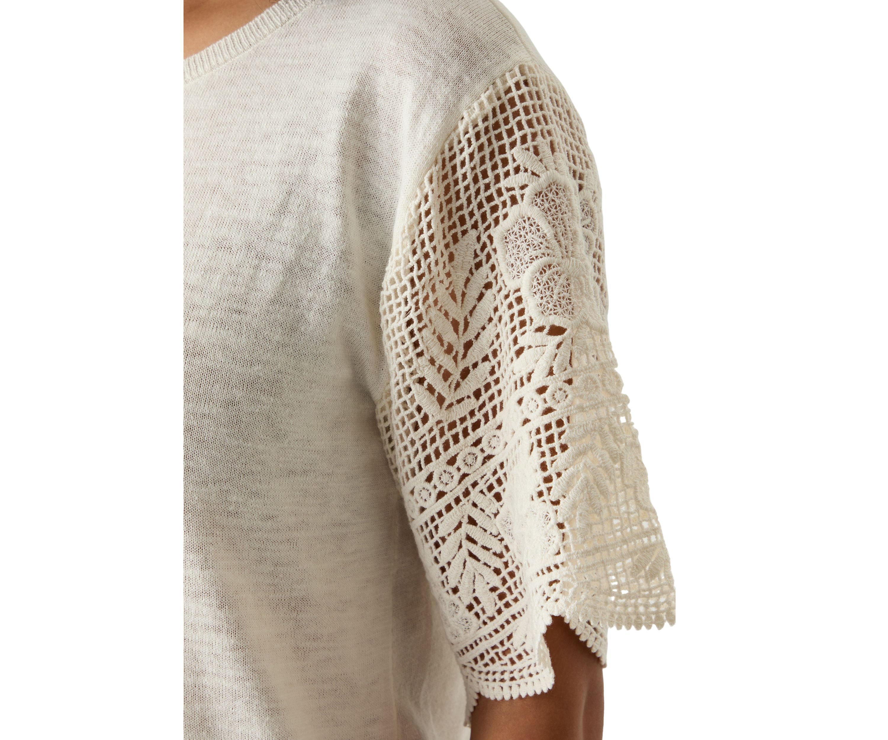 Womens Boat Neck Fine Gauge Top With Crochet Sleeves