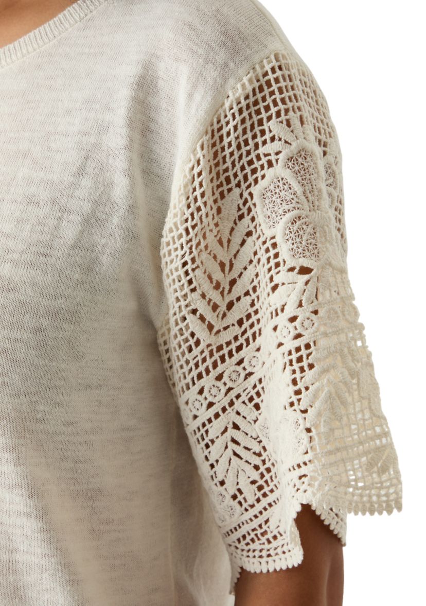 Womens Boat Neck Fine Gauge Top With Crochet Sleeves