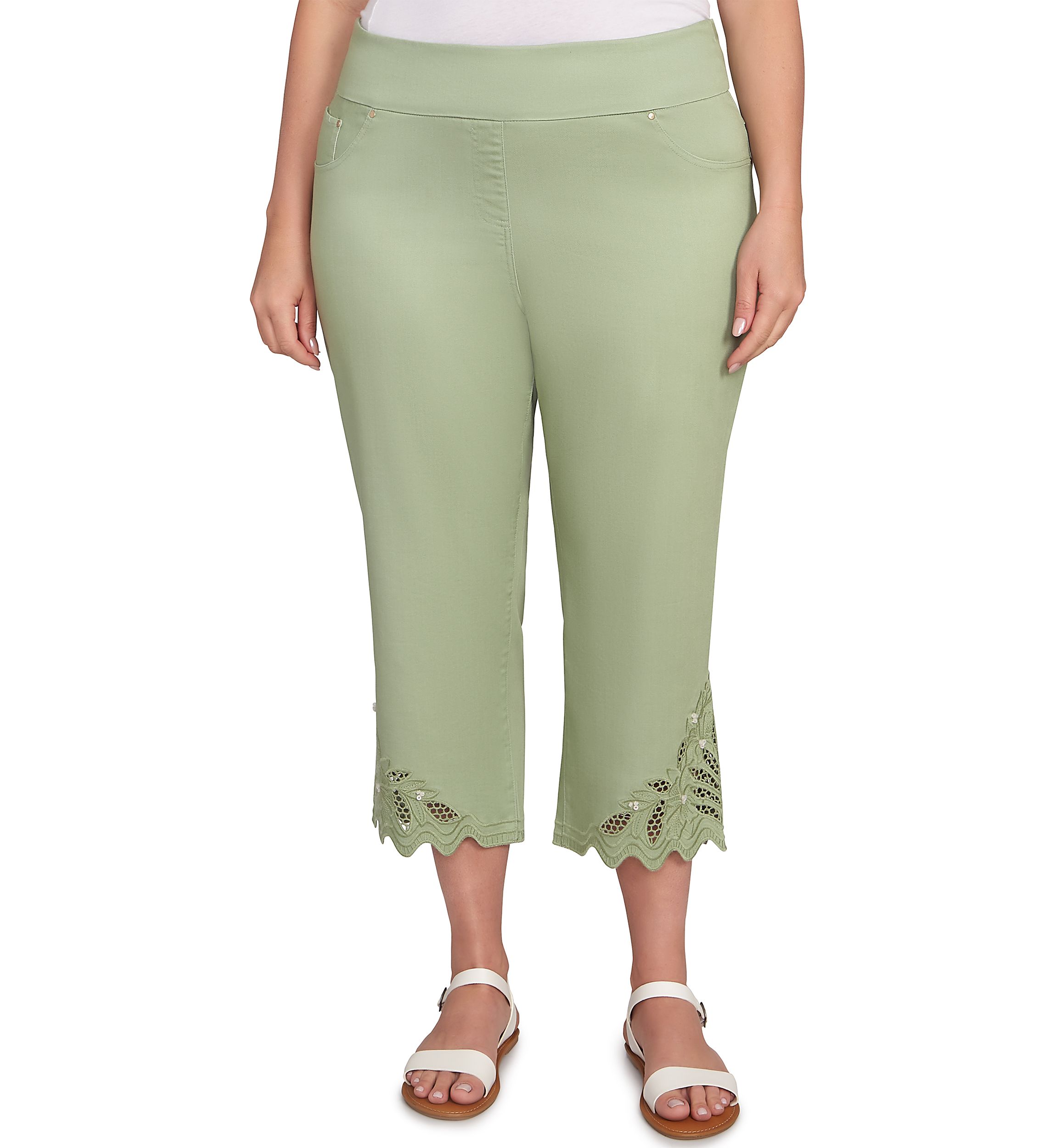 Plus Size Pull On Soft Denim Lace Inset Capri Pants
