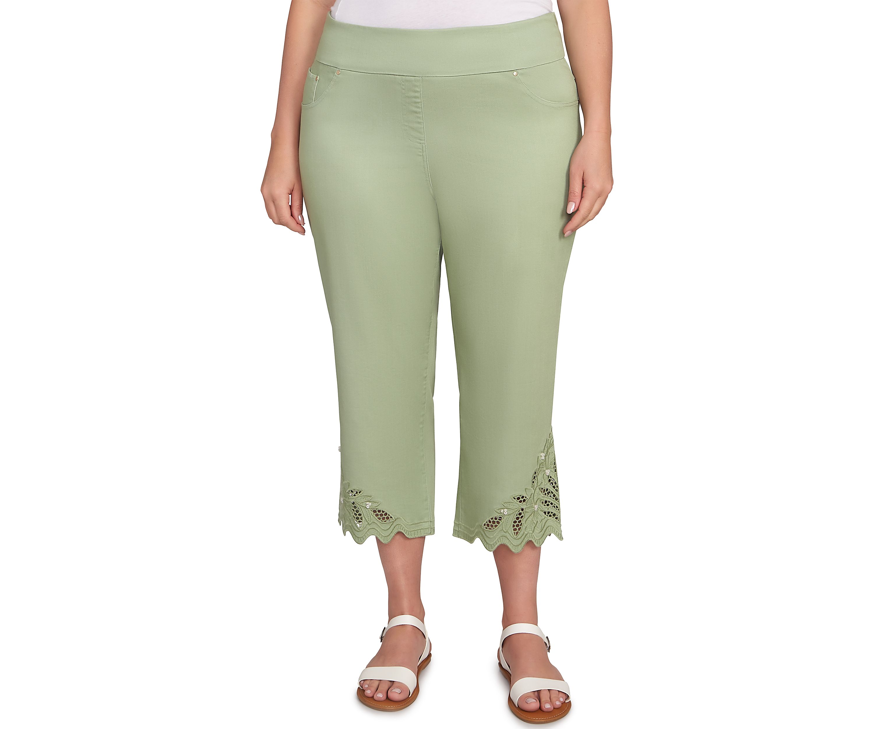 Plus Size Pull On Soft Denim Lace Inset Capri Pants