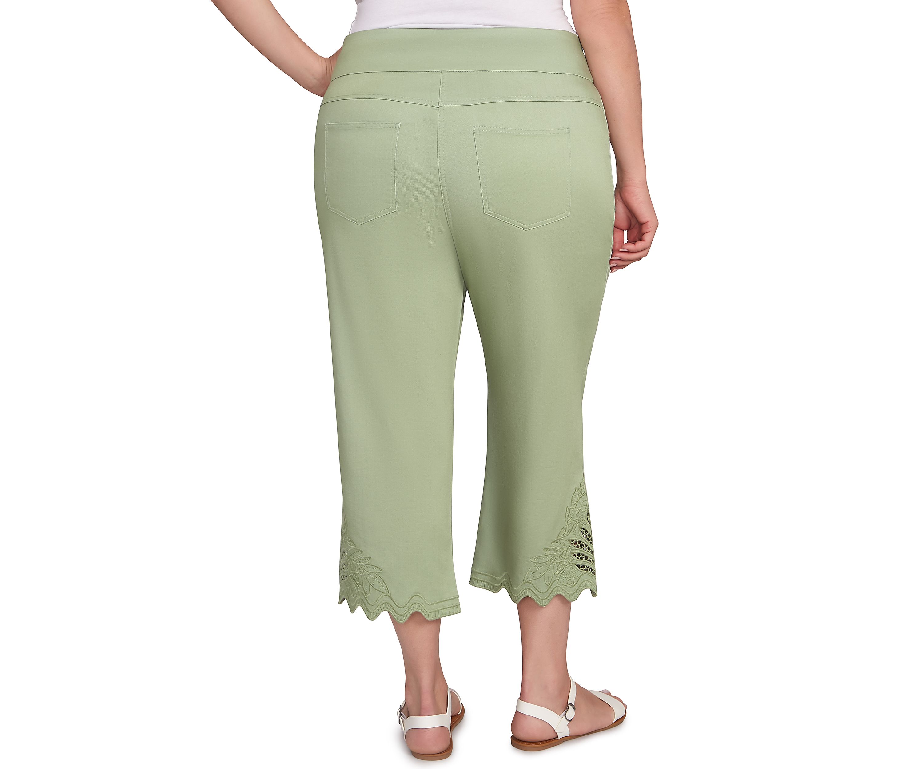 Plus Size Pull On Soft Denim Lace Inset Capri Pants