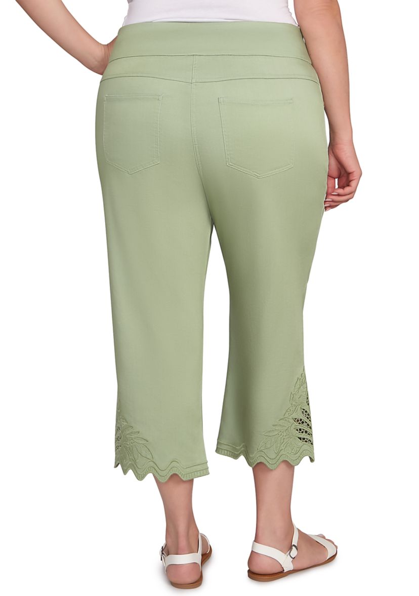 Plus Size Pull On Soft Denim Lace Inset Capri Pants