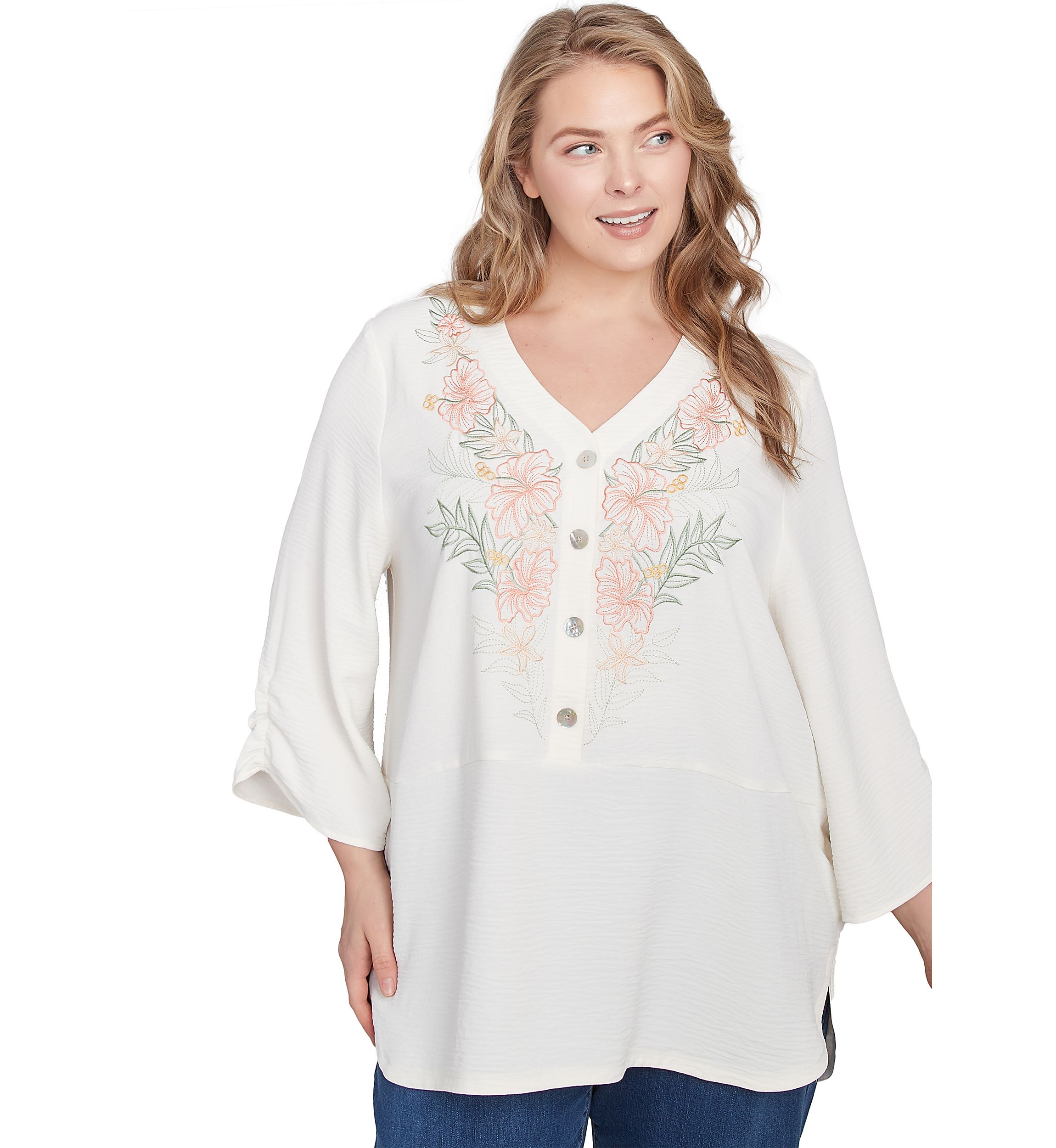 Plus Size Floral Embroidery Solid Gauze Henley Top