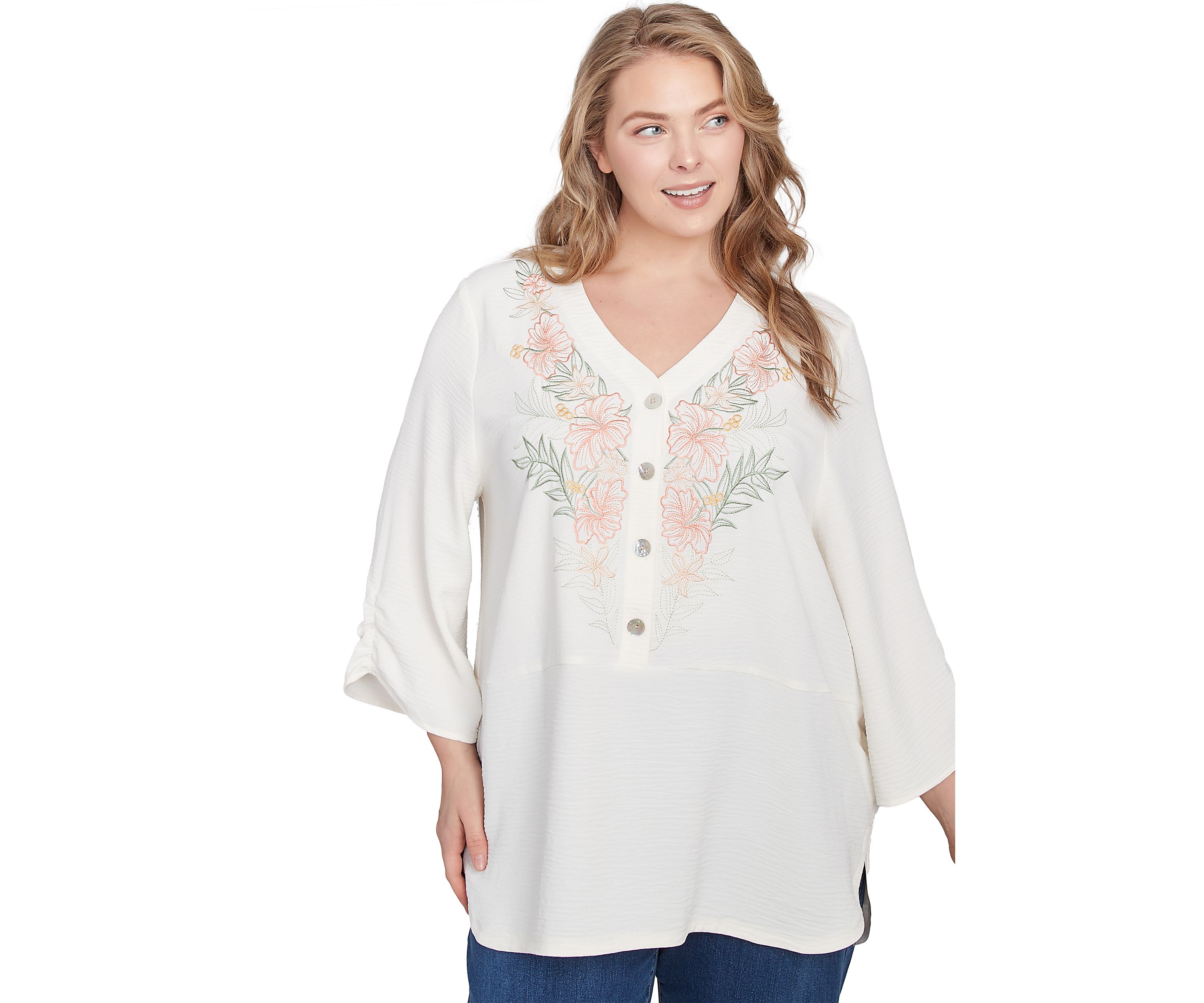 Plus Size Floral Embroidery Solid Gauze Henley Top