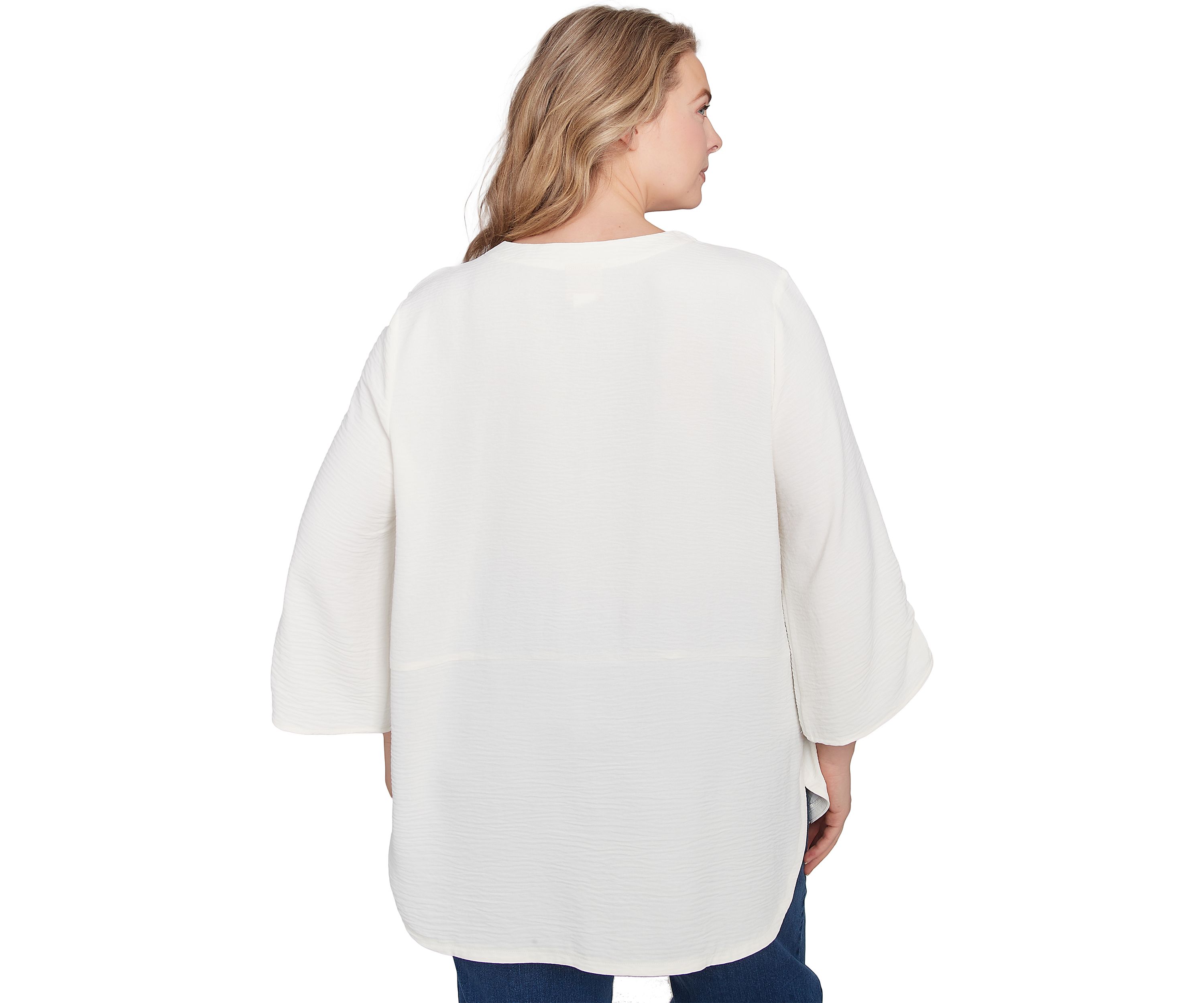 Plus Size Floral Embroidery Solid Gauze Henley Top