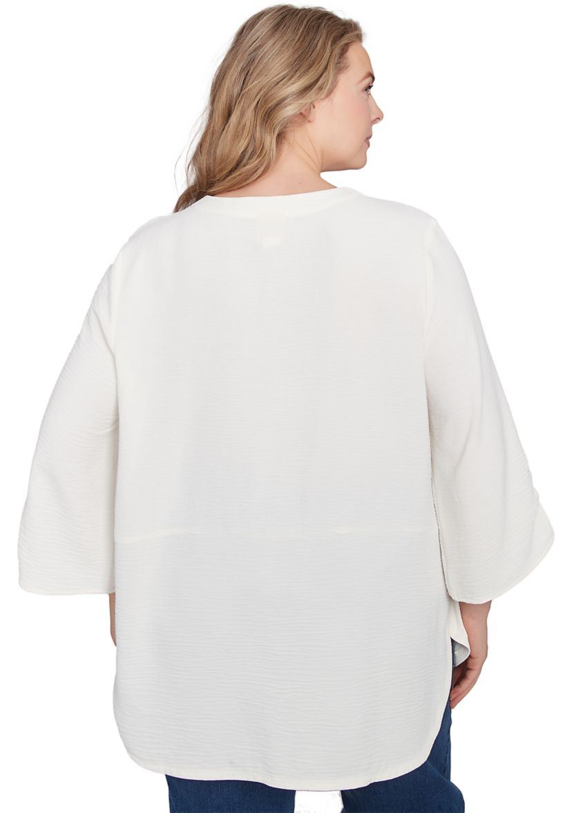 Plus Size Floral Embroidery Solid Gauze Henley Top