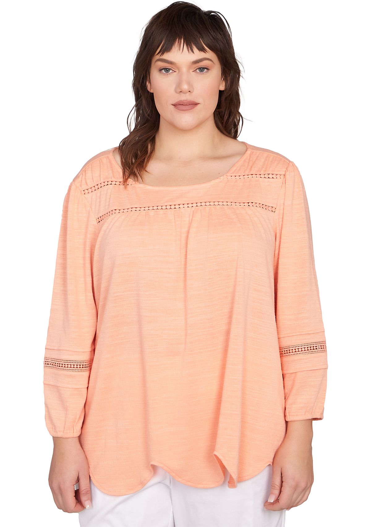 Plus Size Solid Slub Knit Lace Trim Top