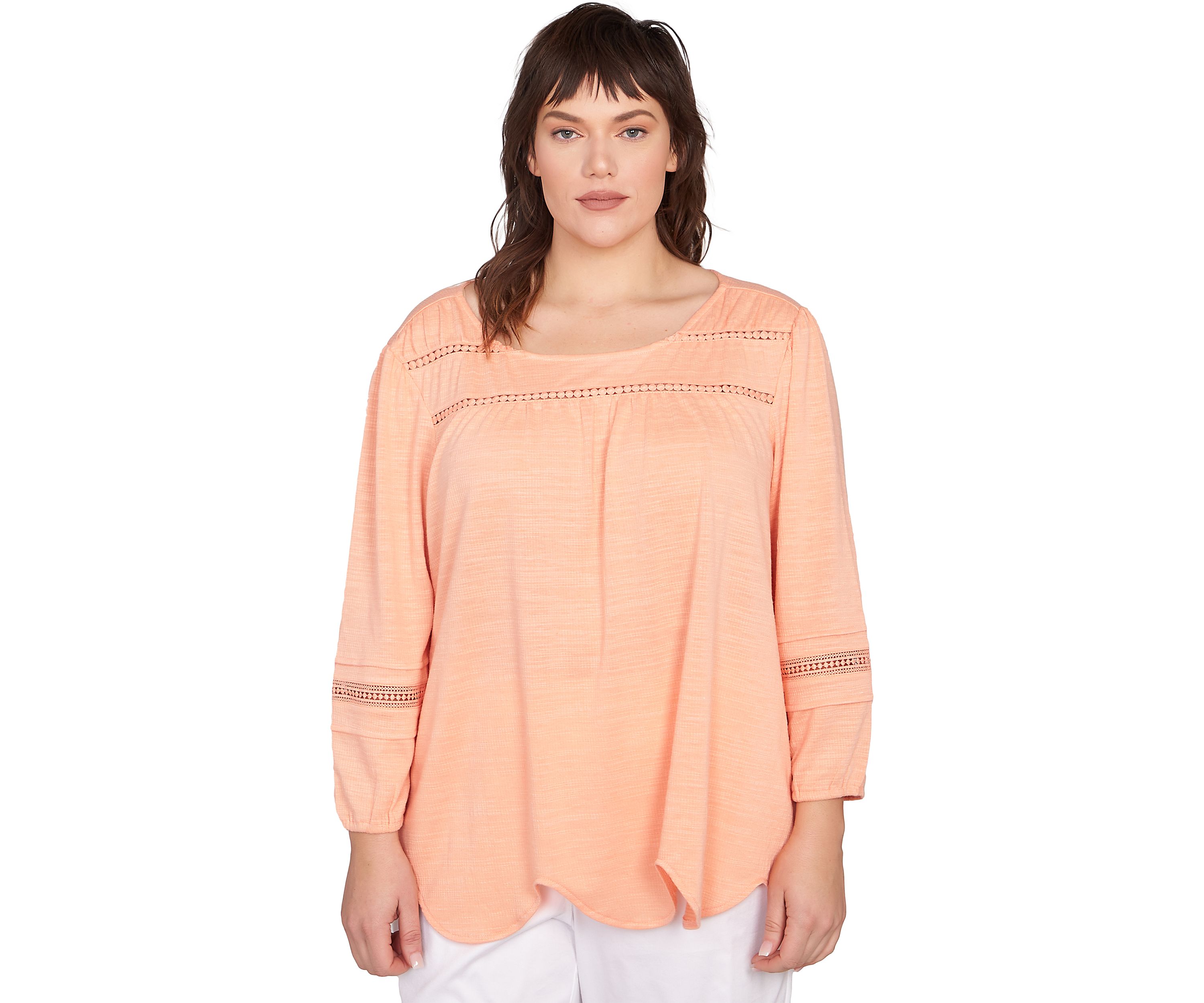 Plus Size Solid Slub Knit Lace Trim Top