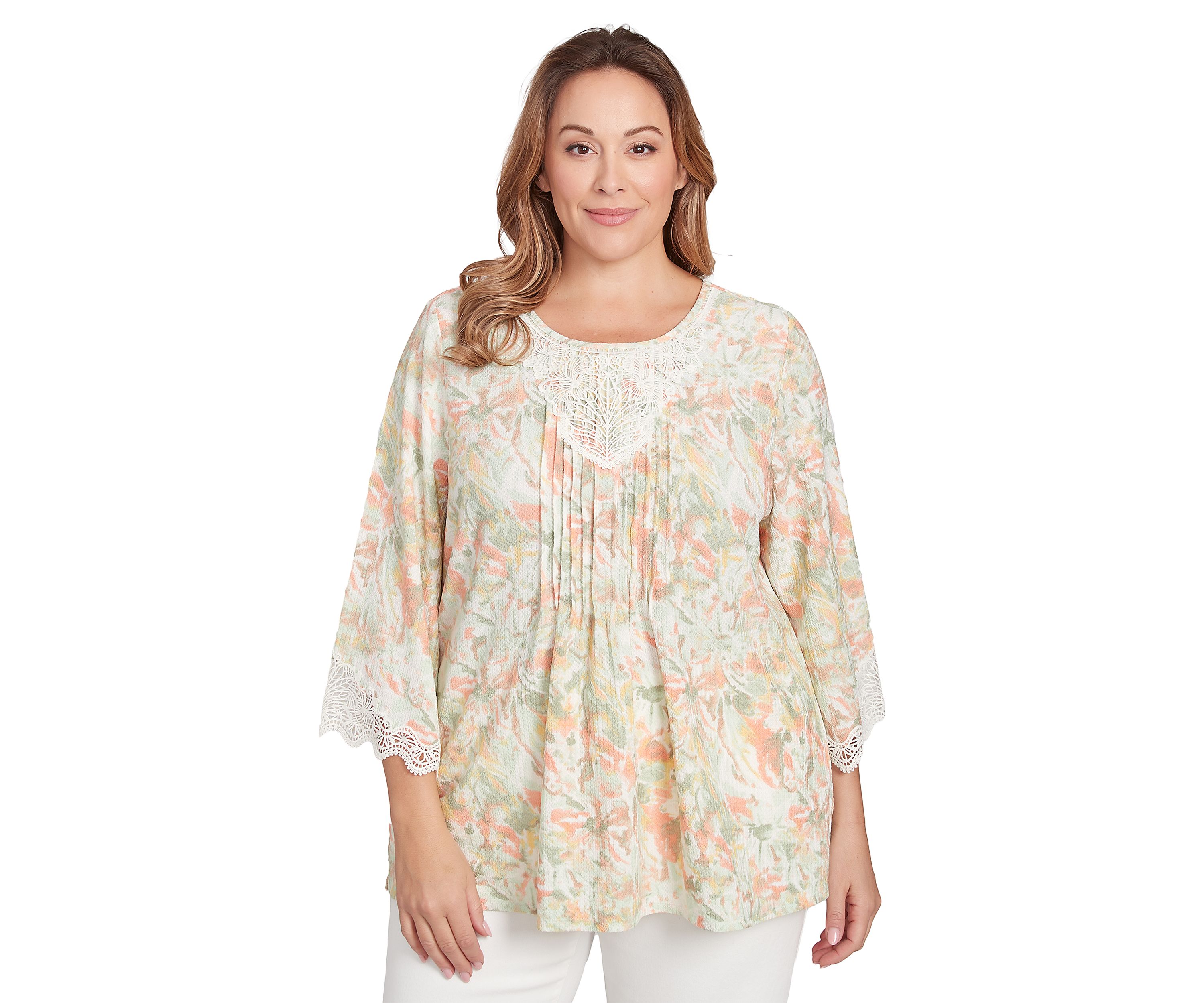 Plus Size Scoop Neck Watercolor Print Knit Top With Lace Trim