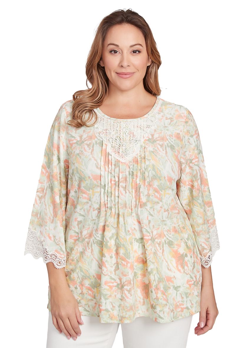 Plus Size Scoop Neck Watercolor Print Knit Top With Lace Trim