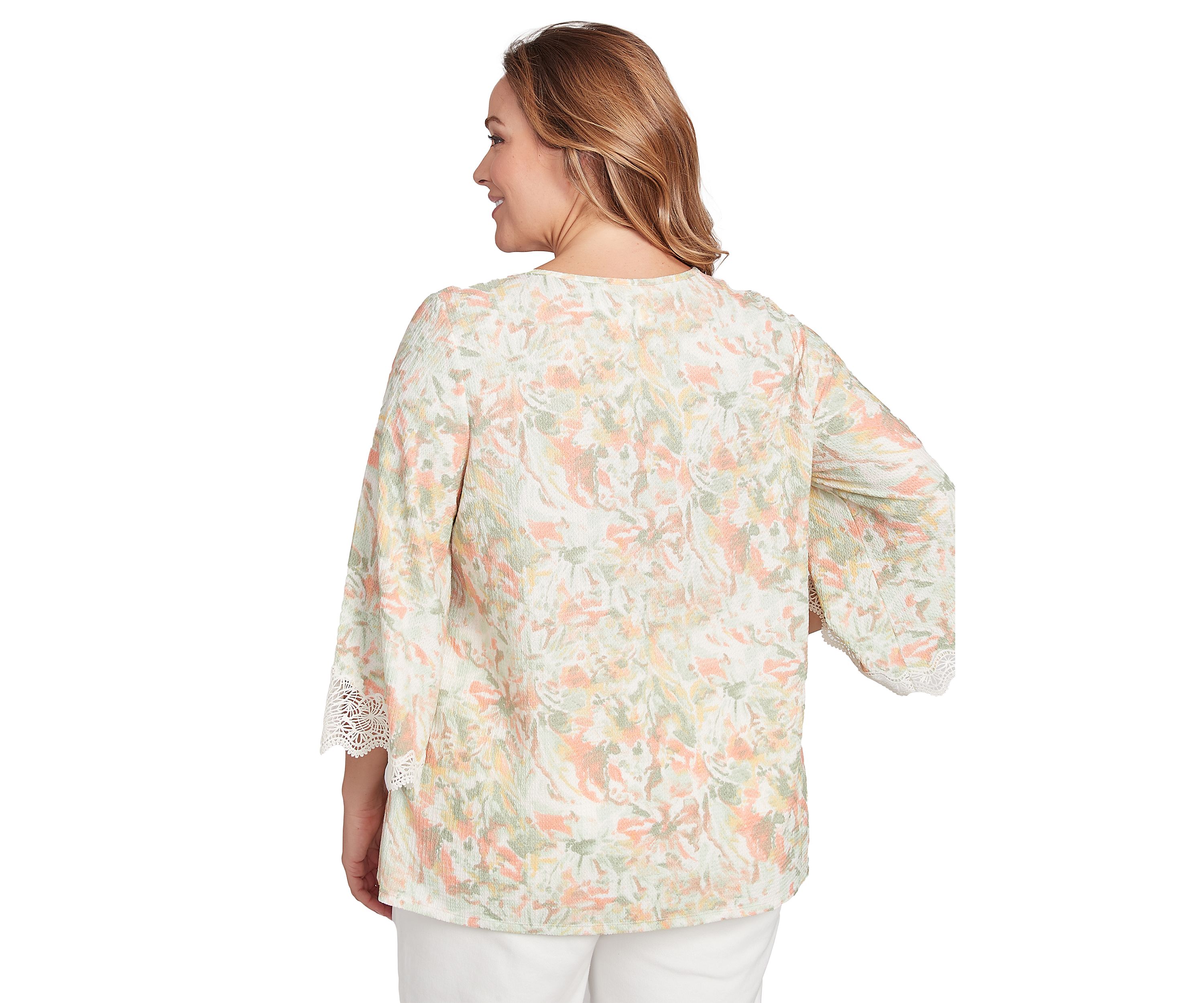 Plus Size Scoop Neck Watercolor Print Knit Top With Lace Trim