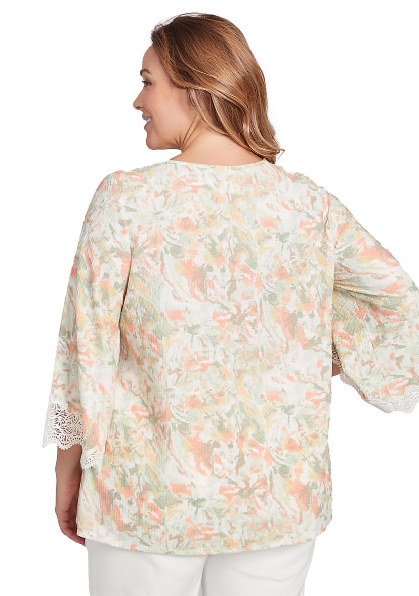 Plus Size Scoop Neck Watercolor Print Knit Top With Lace Trim
