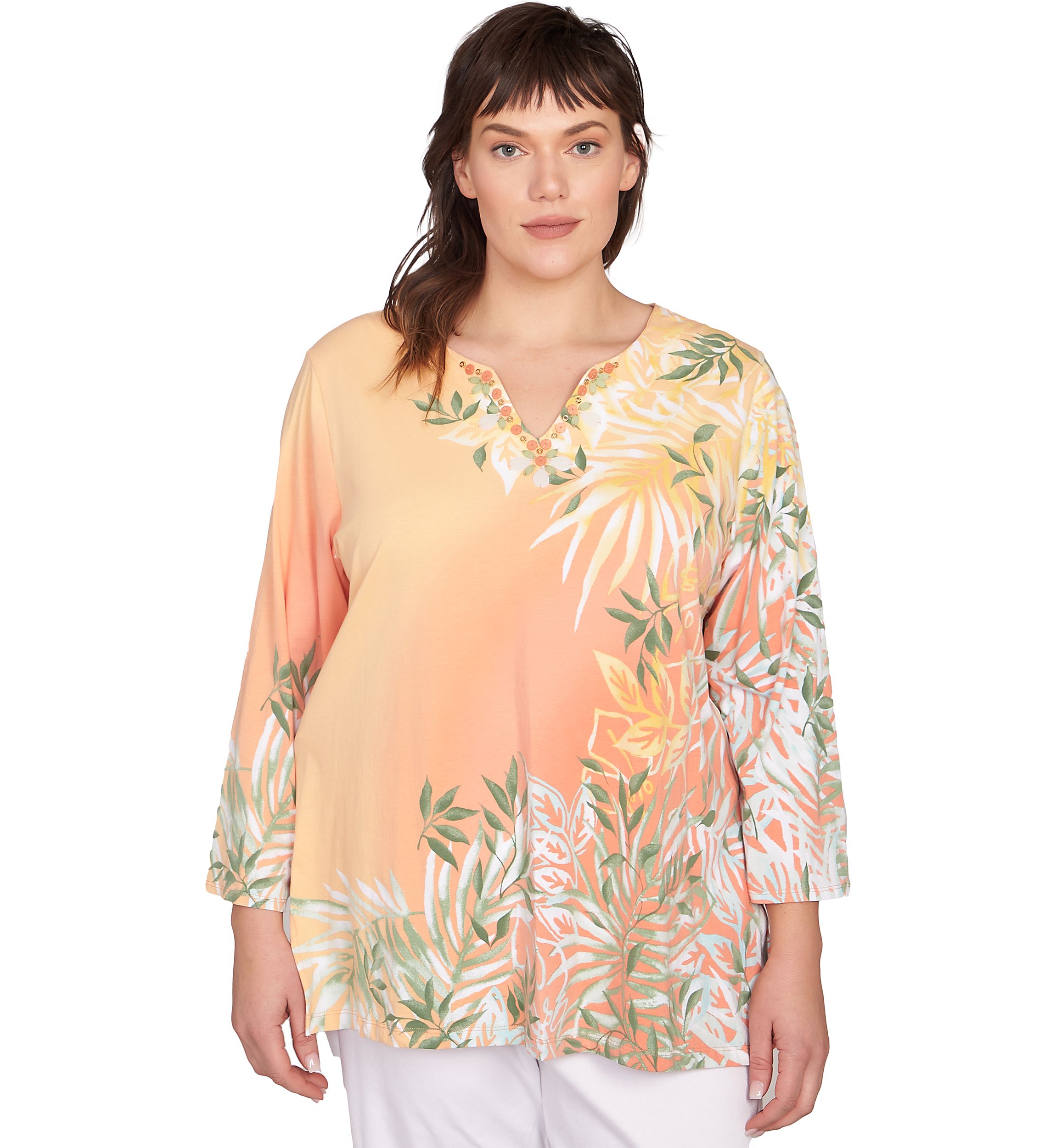 Plus Size Tropical Ombré Embellished Knit Top