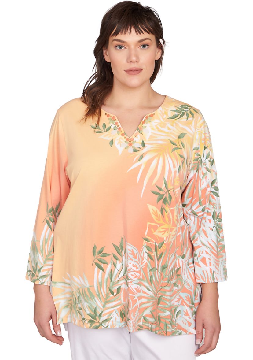 Plus Size Tropical Ombré Embellished Knit Top