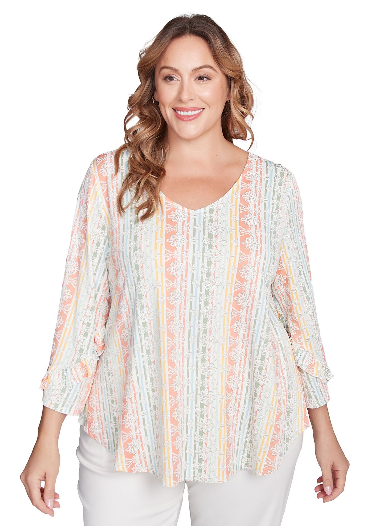Plus Size Tropical Stripe Puff Print V-Neck Top