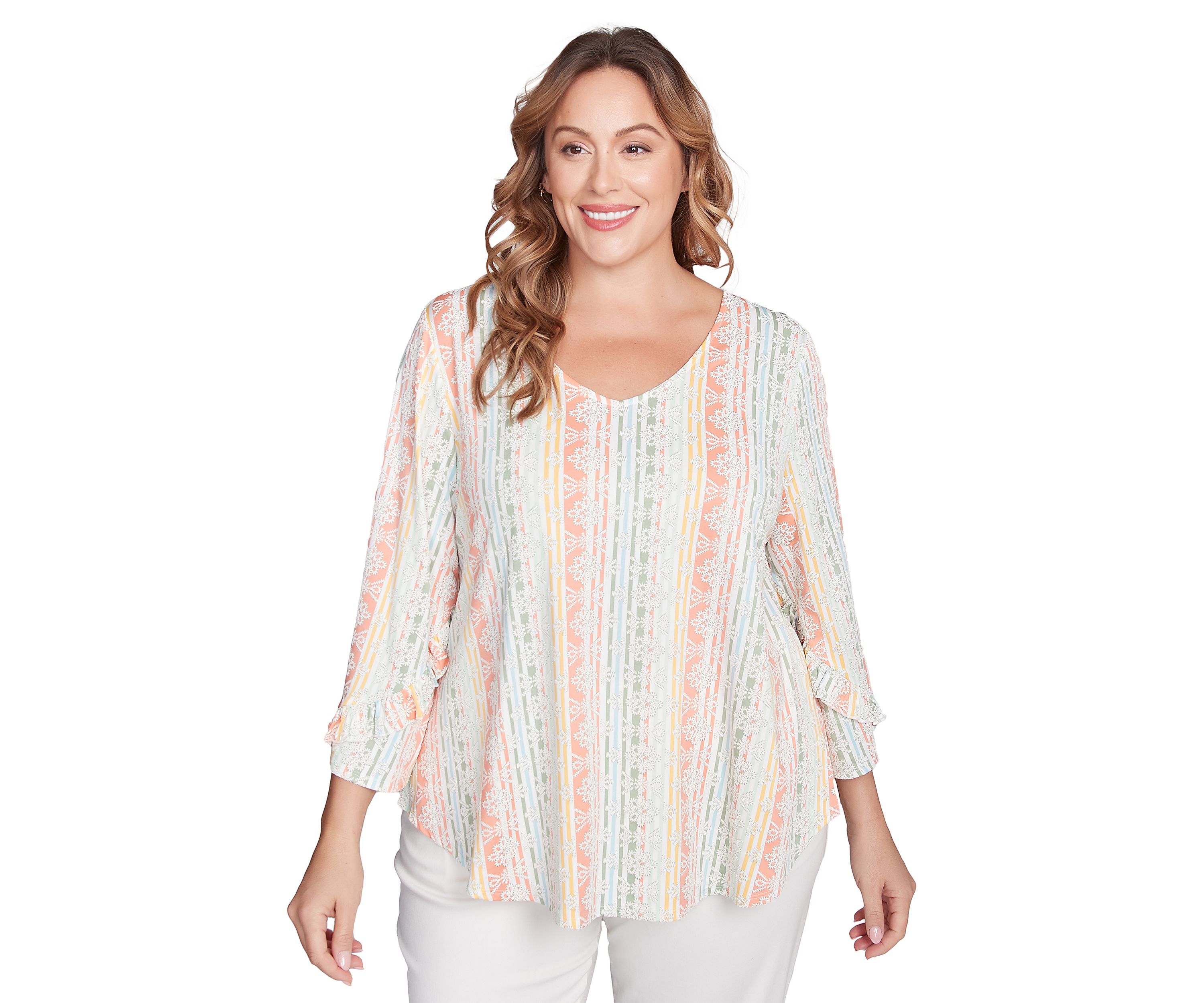 Plus Size Tropical Stripe Puff Print V-Neck Top