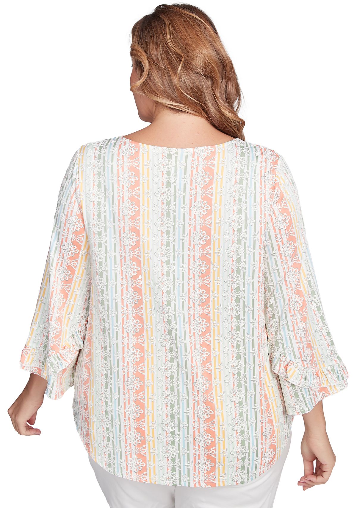 Plus Size Tropical Stripe Puff Print V-Neck Top