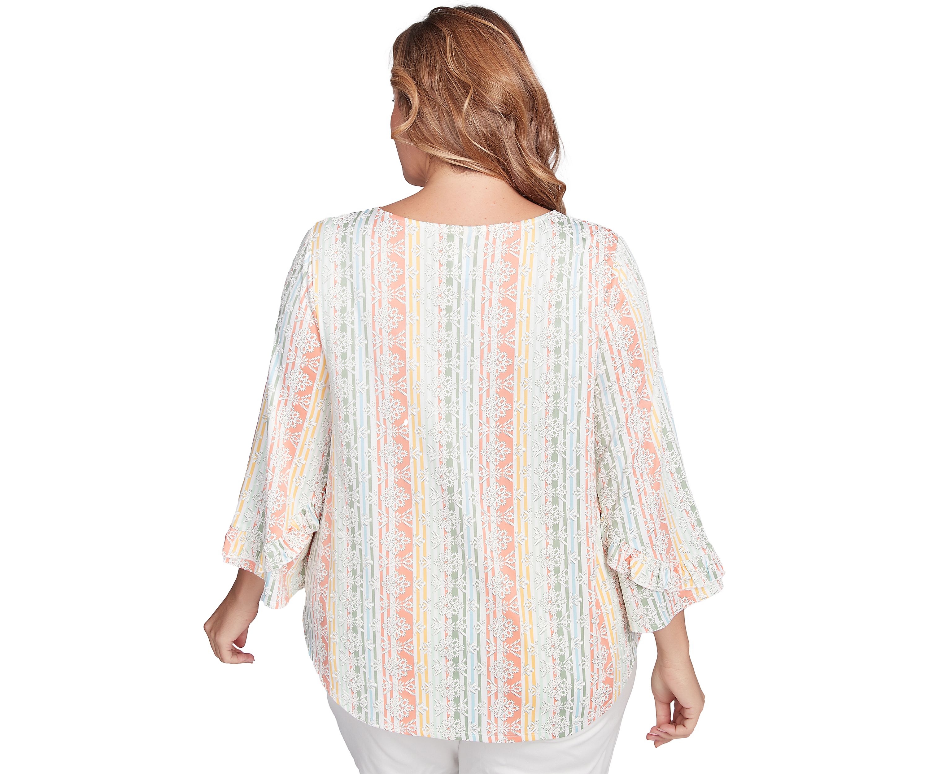 Plus Size Tropical Stripe Puff Print V-Neck Top