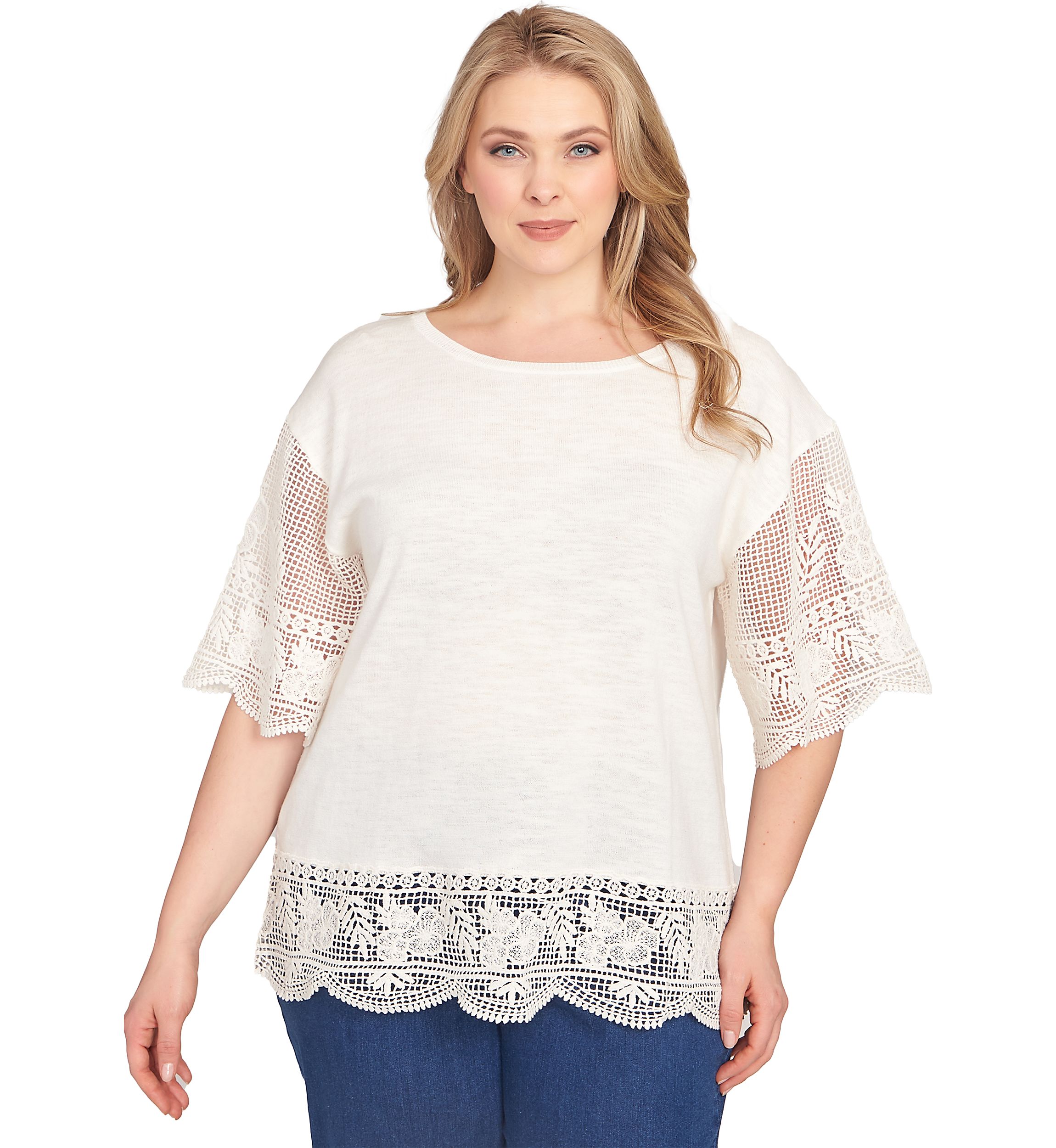 Plus Size Fine Gauge Top With Crochet Sleeves