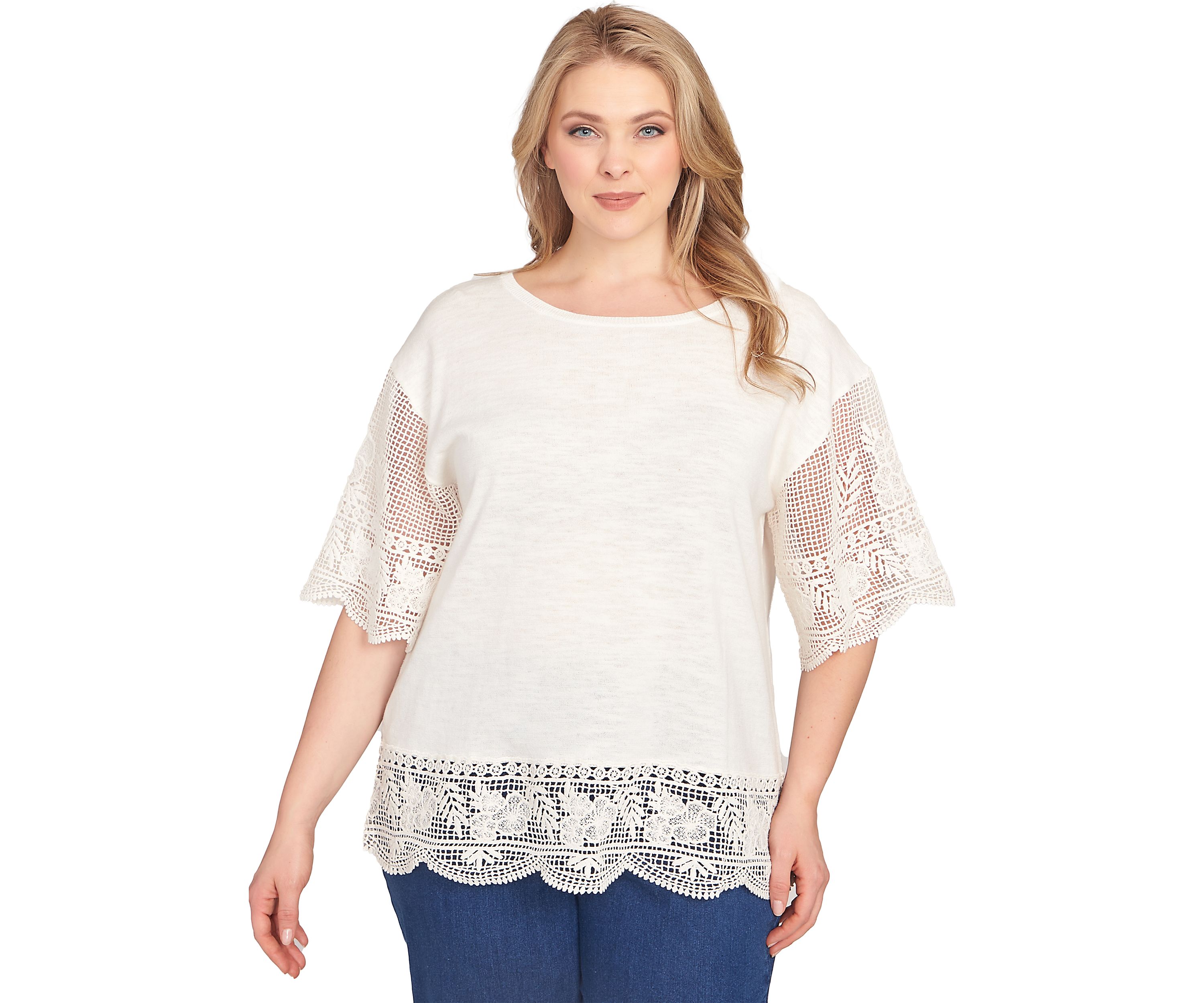 Plus Size Fine Gauge Top With Crochet Sleeves