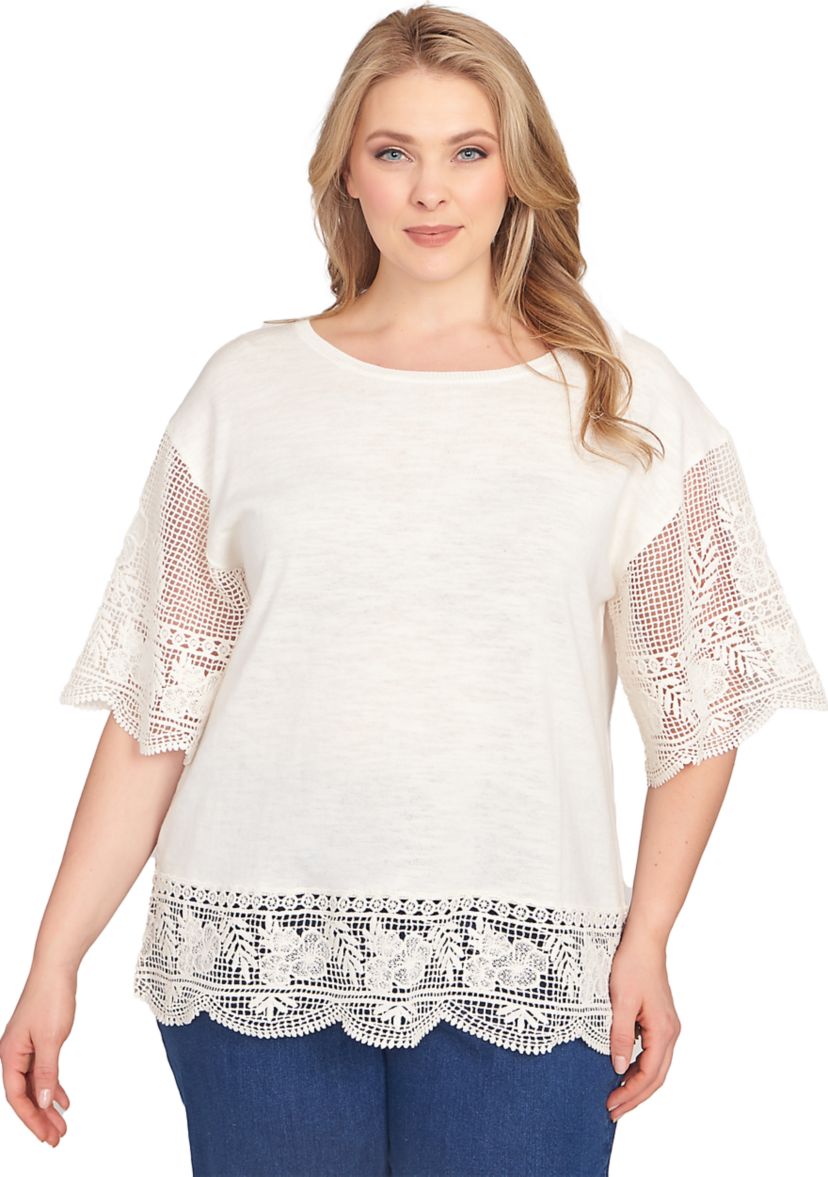 Plus Size Fine Gauge Top With Crochet Sleeves