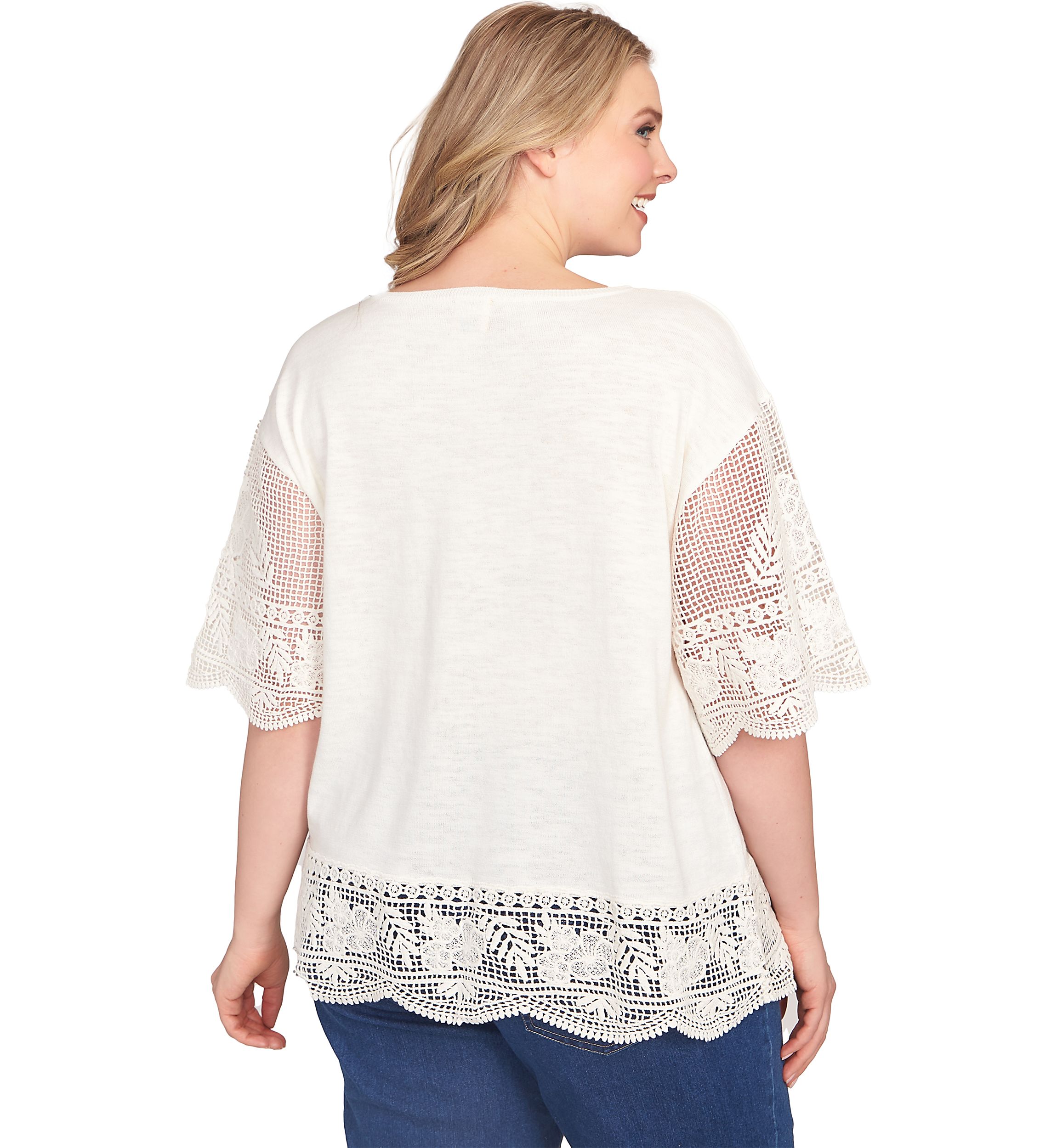 Plus Size Fine Gauge Top With Crochet Sleeves