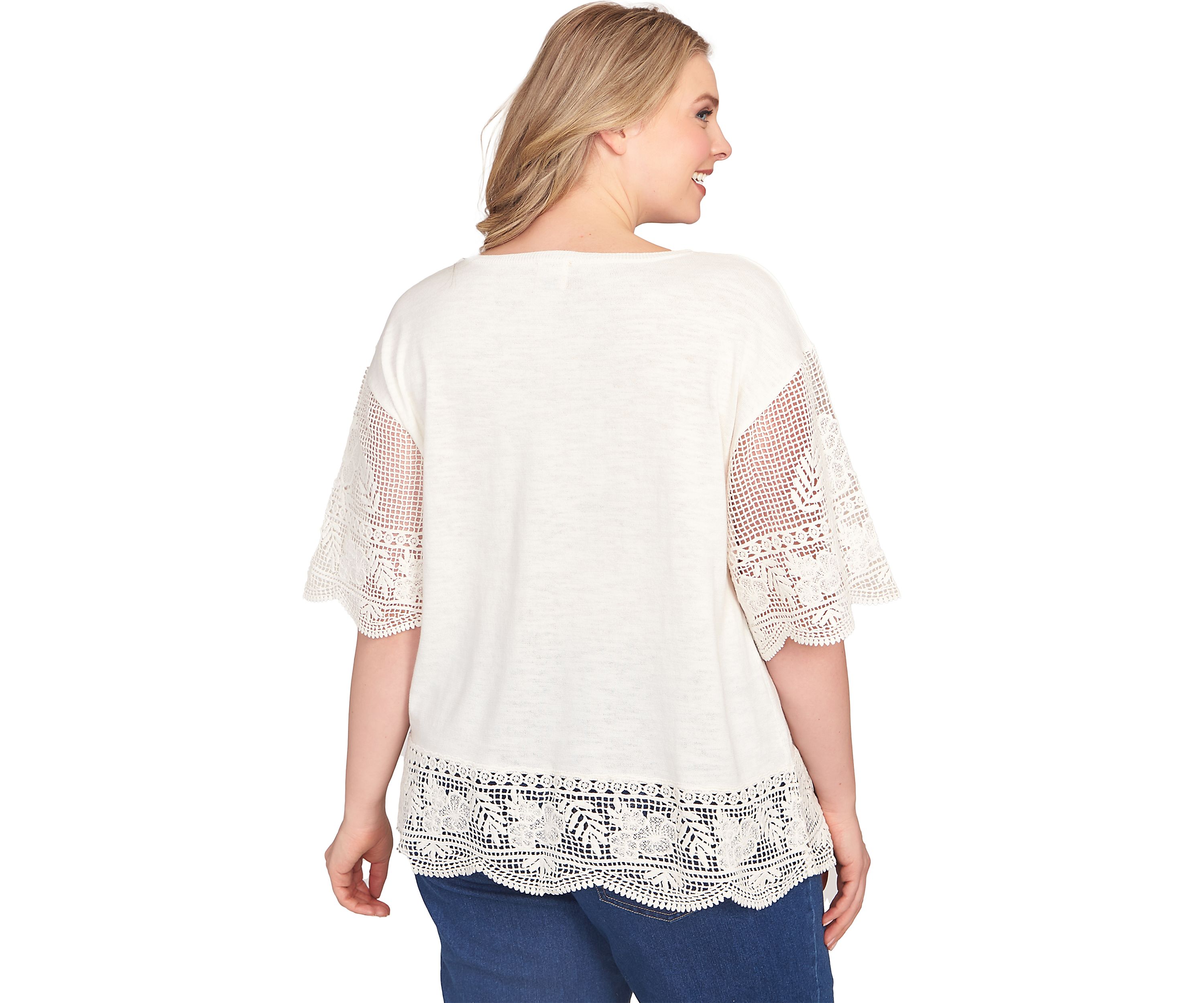 Plus Size Fine Gauge Top With Crochet Sleeves