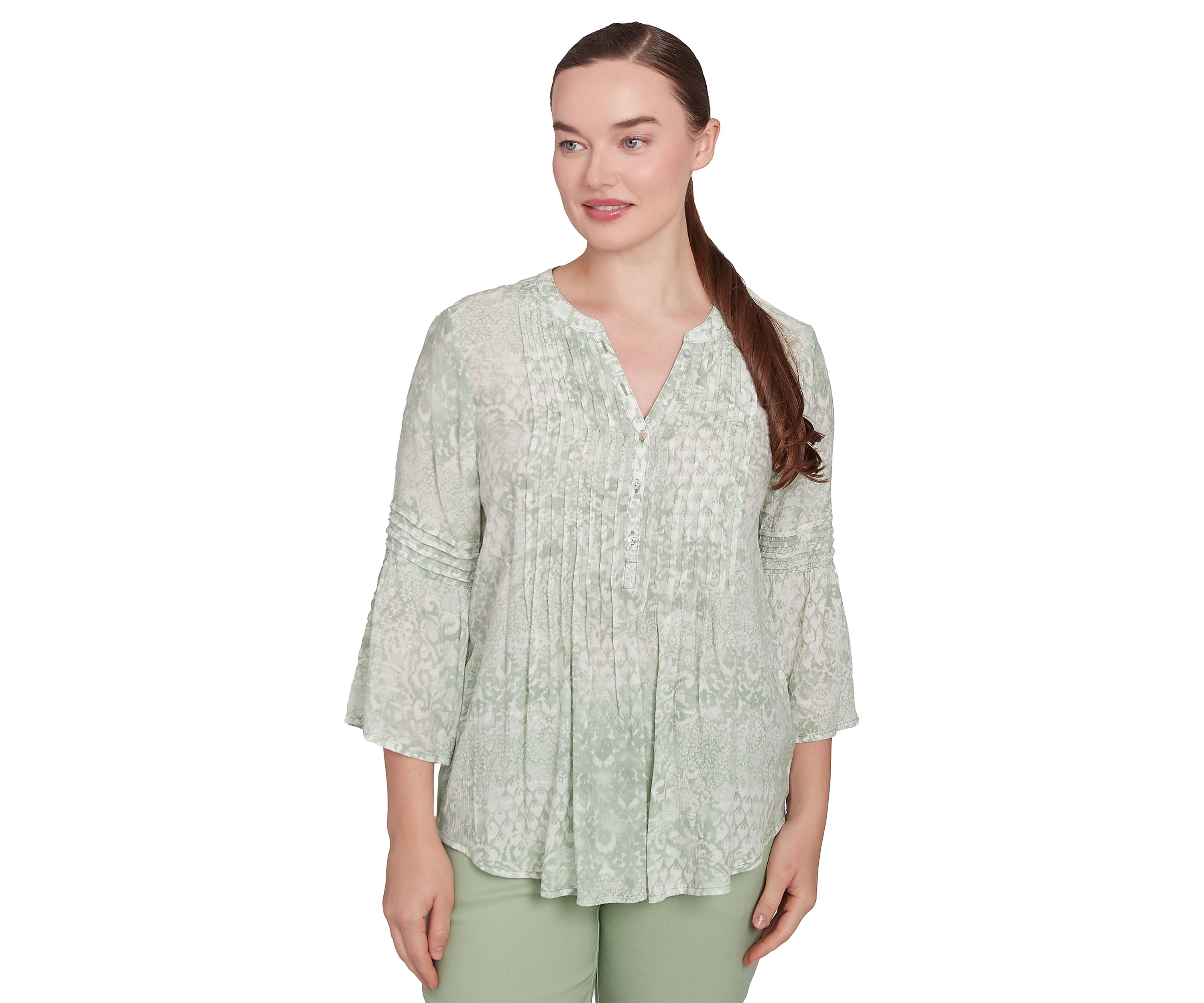 Petite Patchwork Silky Gauze Ruffled Henley Top