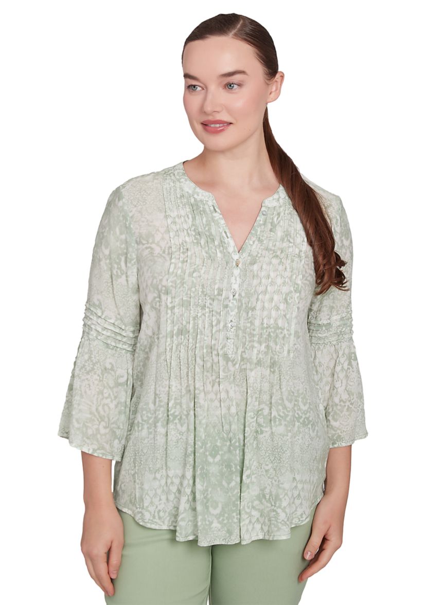 Petite Patchwork Silky Gauze Ruffled Henley Top