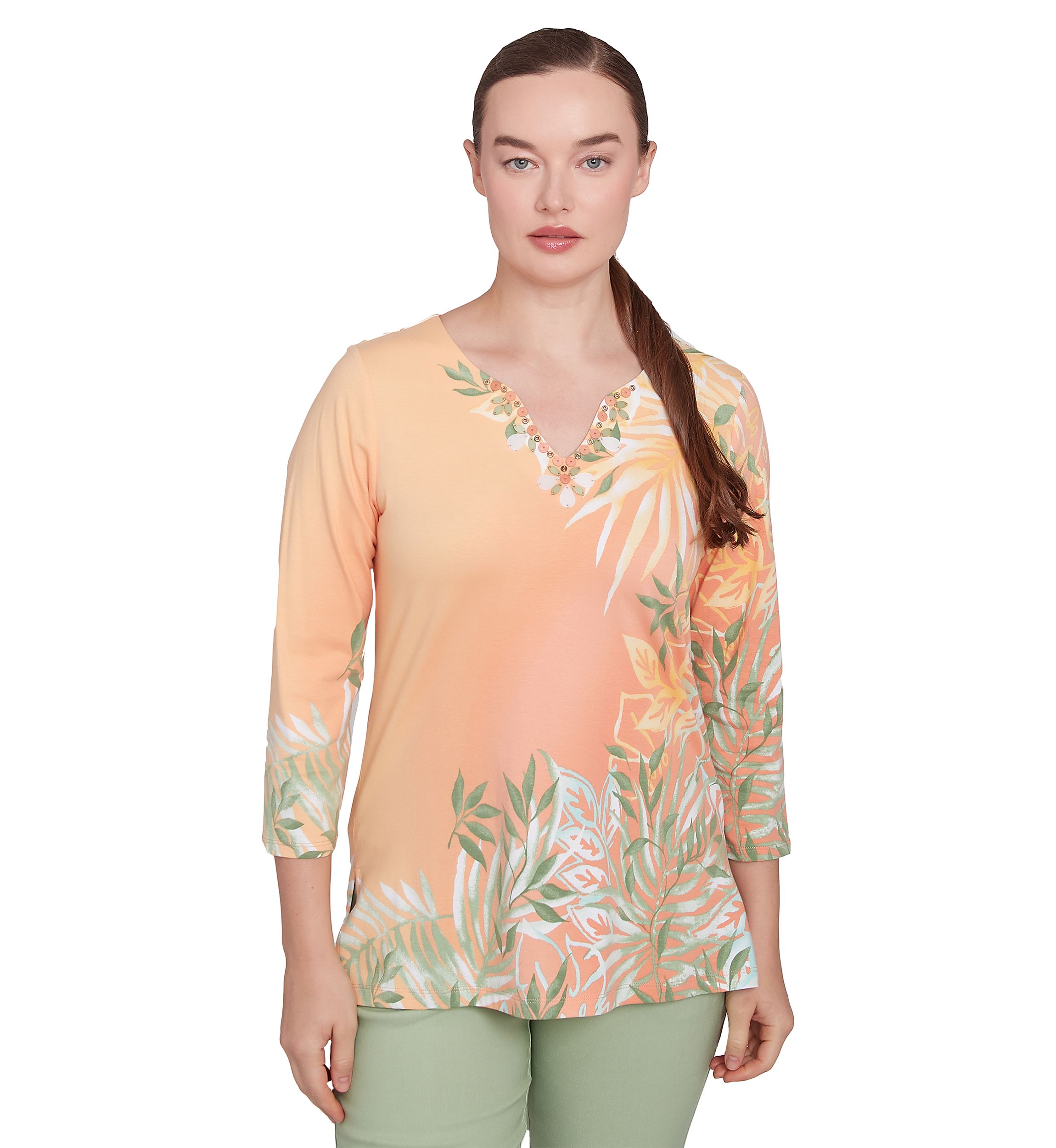 Petite Tropical Ombré Embellished Knit Top