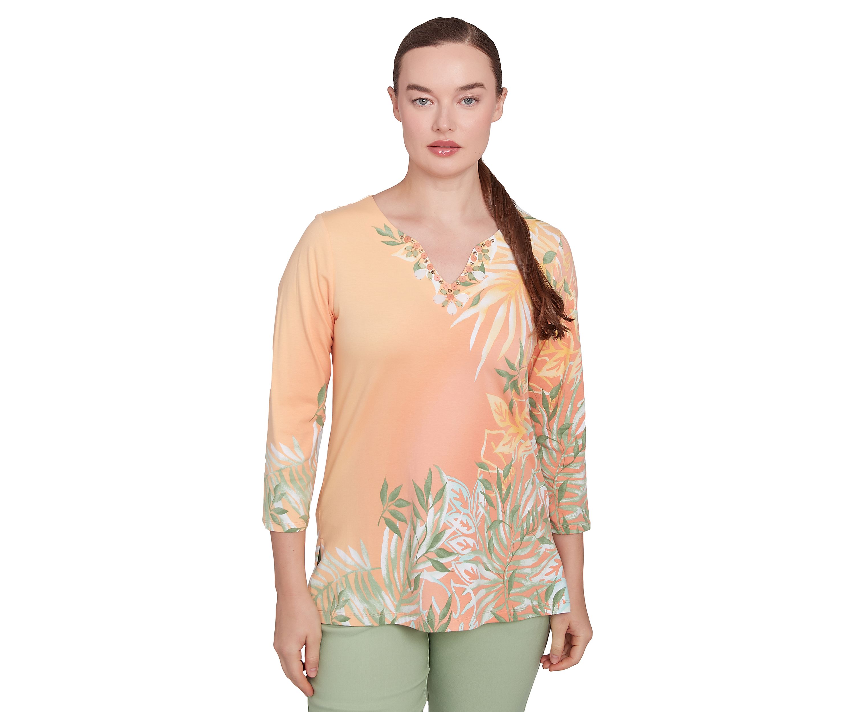 Petite Tropical Ombré Embellished Knit Top