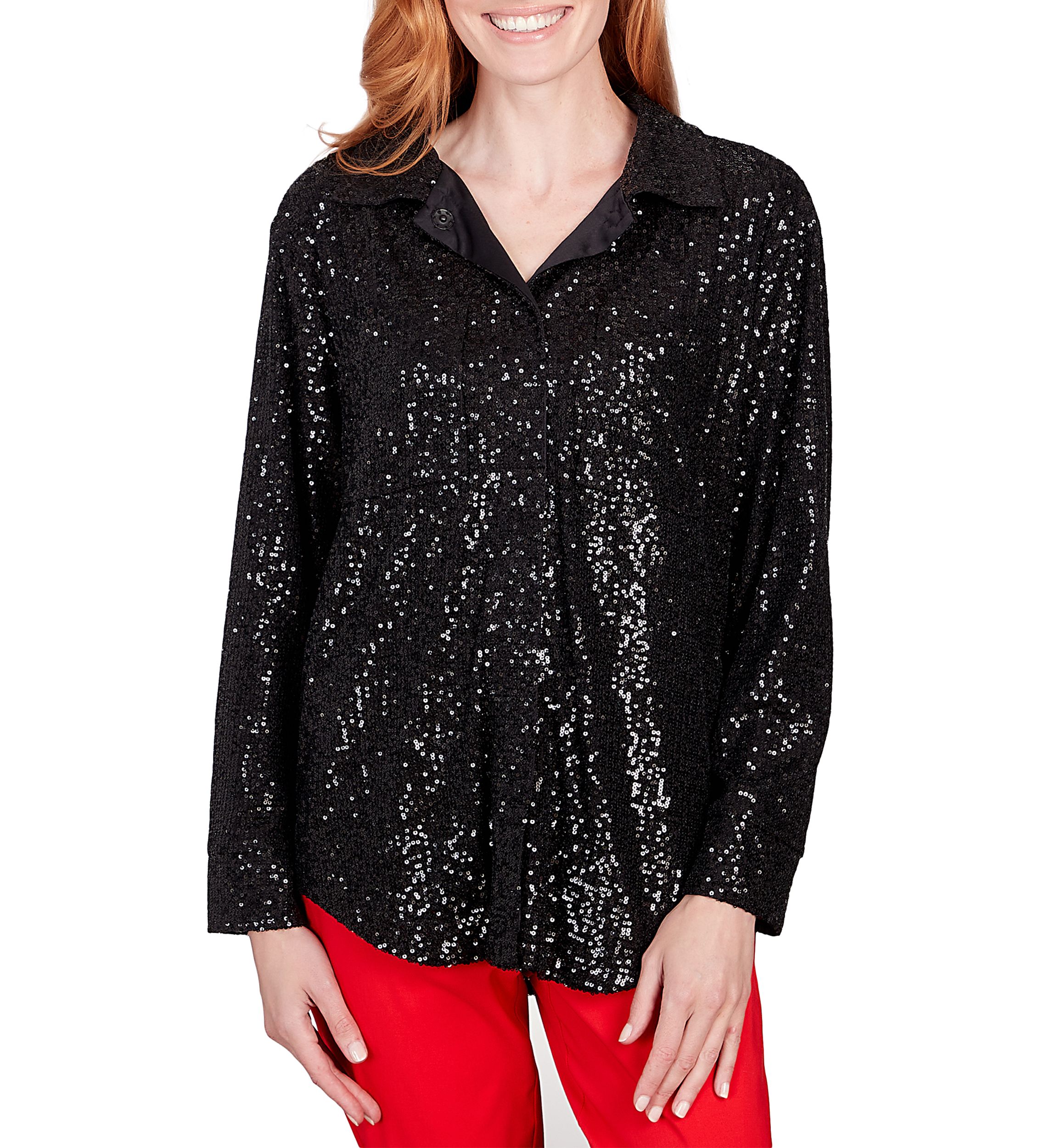 Womens Shining Sequin Snap Front Shirt Jacket