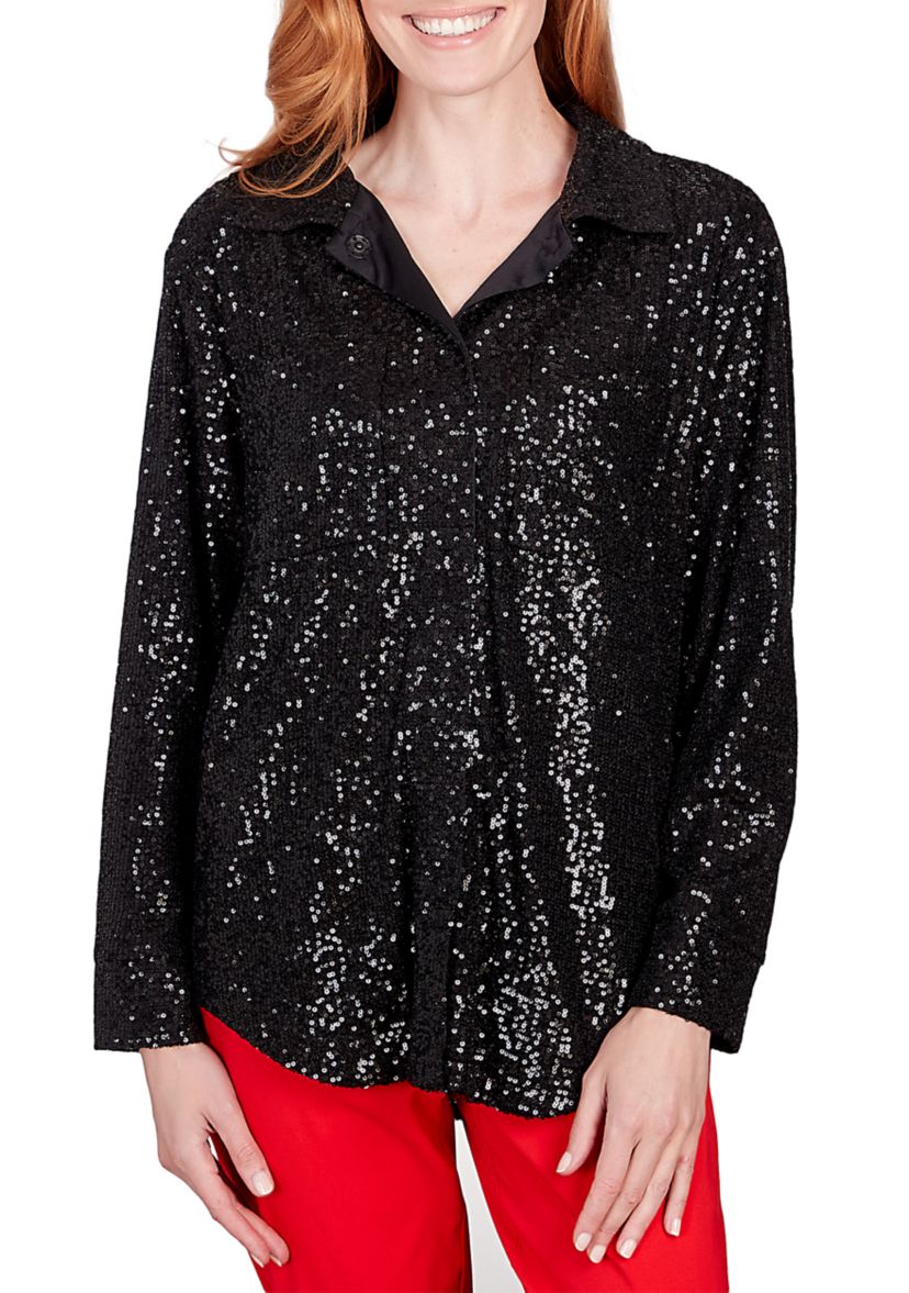 Womens Shining Sequin Snap Front Shirt Jacket