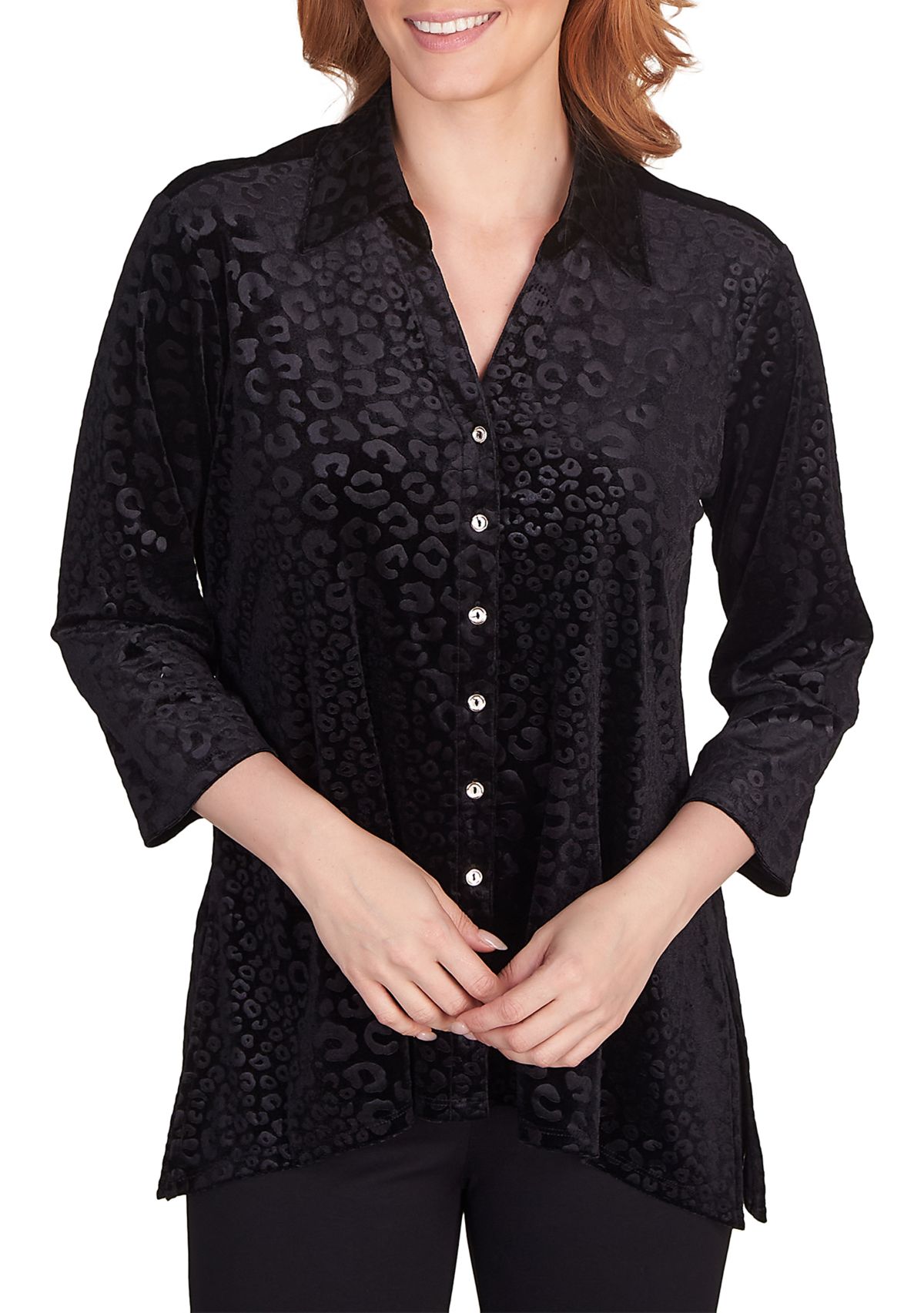 Womens Leopard Embossed Velour Button-Front Top