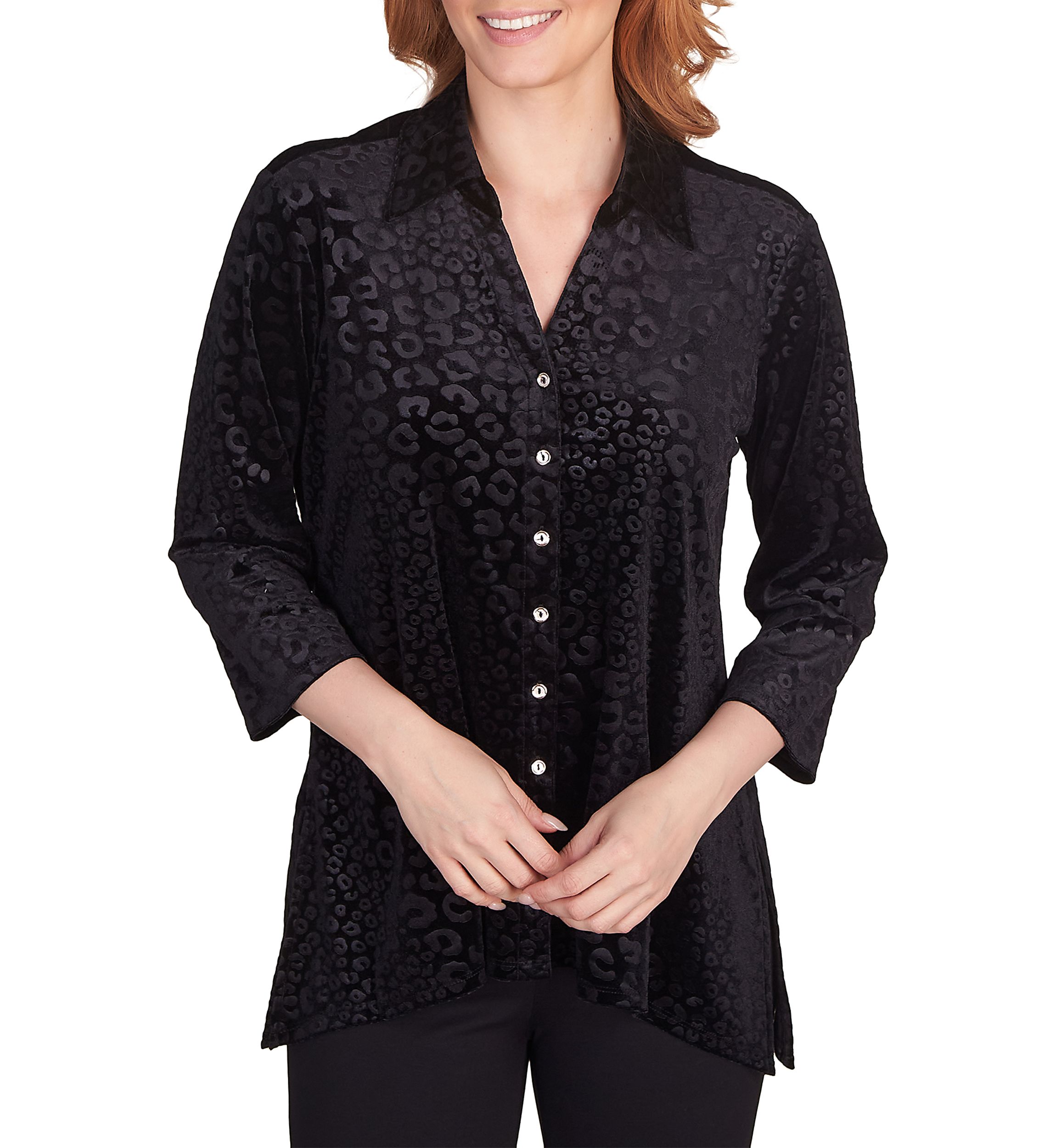 Womens Leopard Embossed Velour Button-Front Top