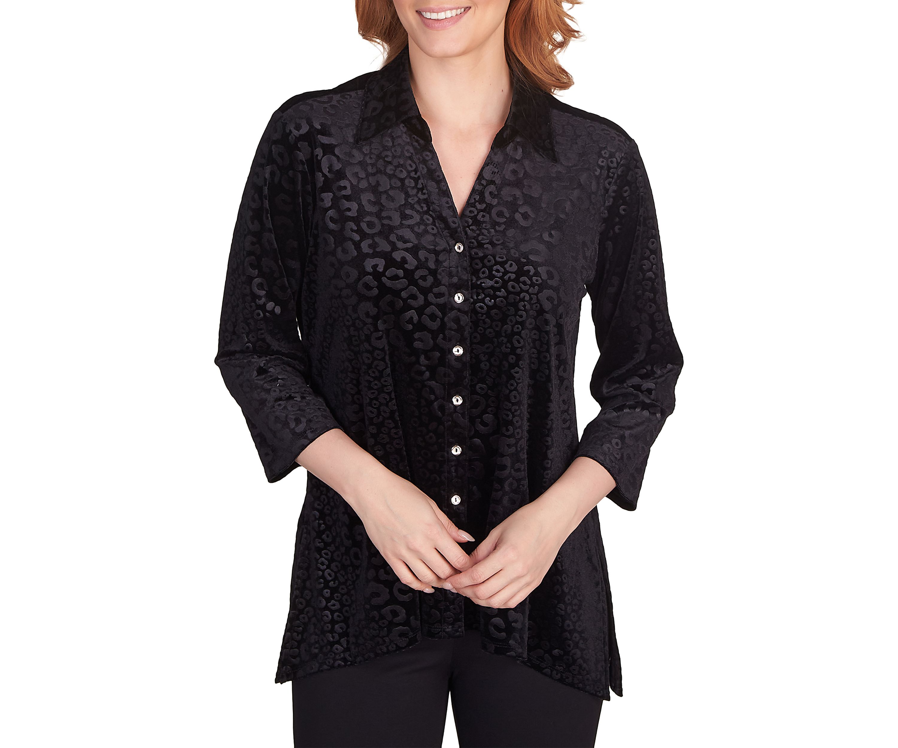 Womens Leopard Embossed Velour Button-Front Top