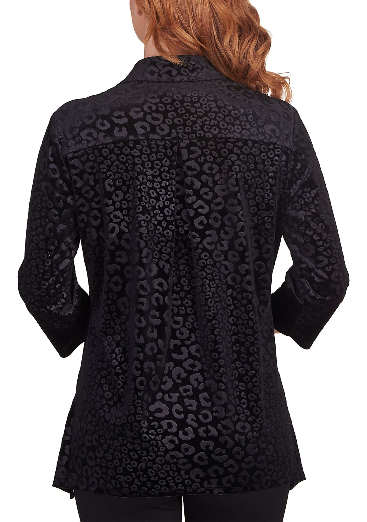 Womens Leopard Embossed Velour Button-Front Top