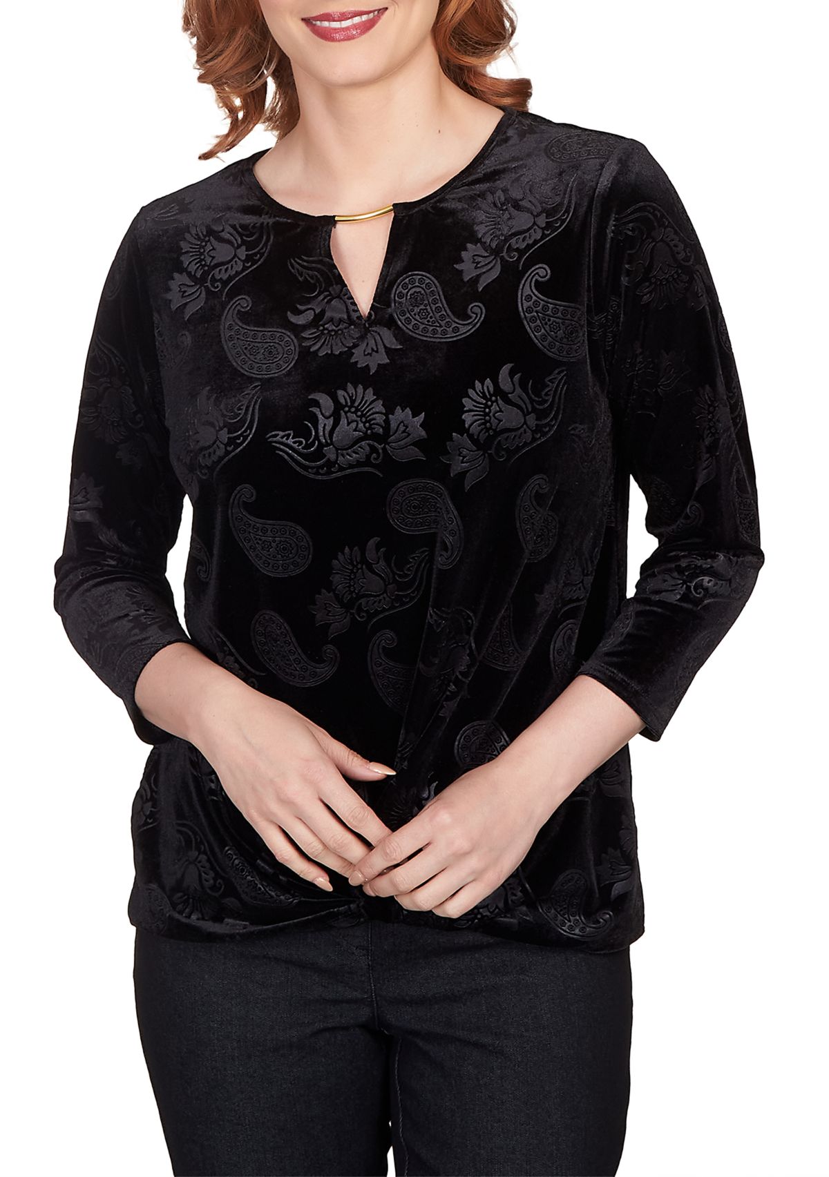 Womens Embossed Velour Floral Paisley Top